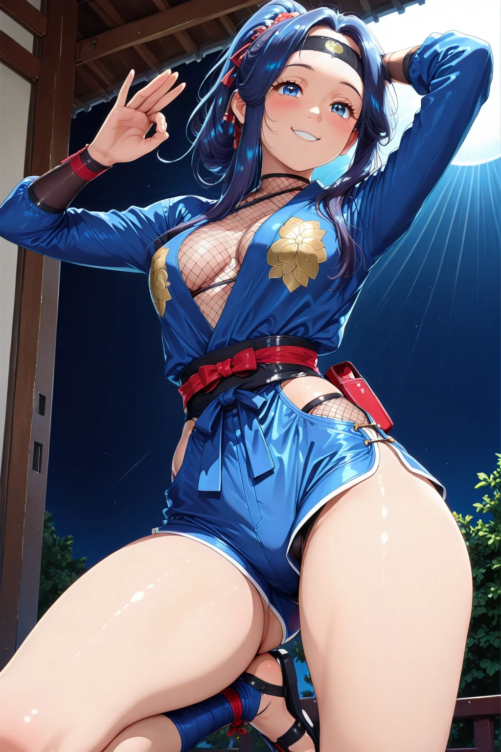 masterpiece, best quality, beautiful art, high resolution, well formed hands, body and fingers, 1 woman, solo, Sailor Mercury, grown up, cosplaying as Mai Shiranui , adult, big breasted, cleavage full body, blue hair, hair ribbon, gorgeous legs and, thighs, sexy Japanese clothes, hair ornament, elbow gloves, tiara, sailor collar , she is doing exercise, warming up, stretching her body, bouncing breasts, bikini thong, sexy and erotic training, working out, sweating, smiling joyfully and brightly, training montage session, beach environment