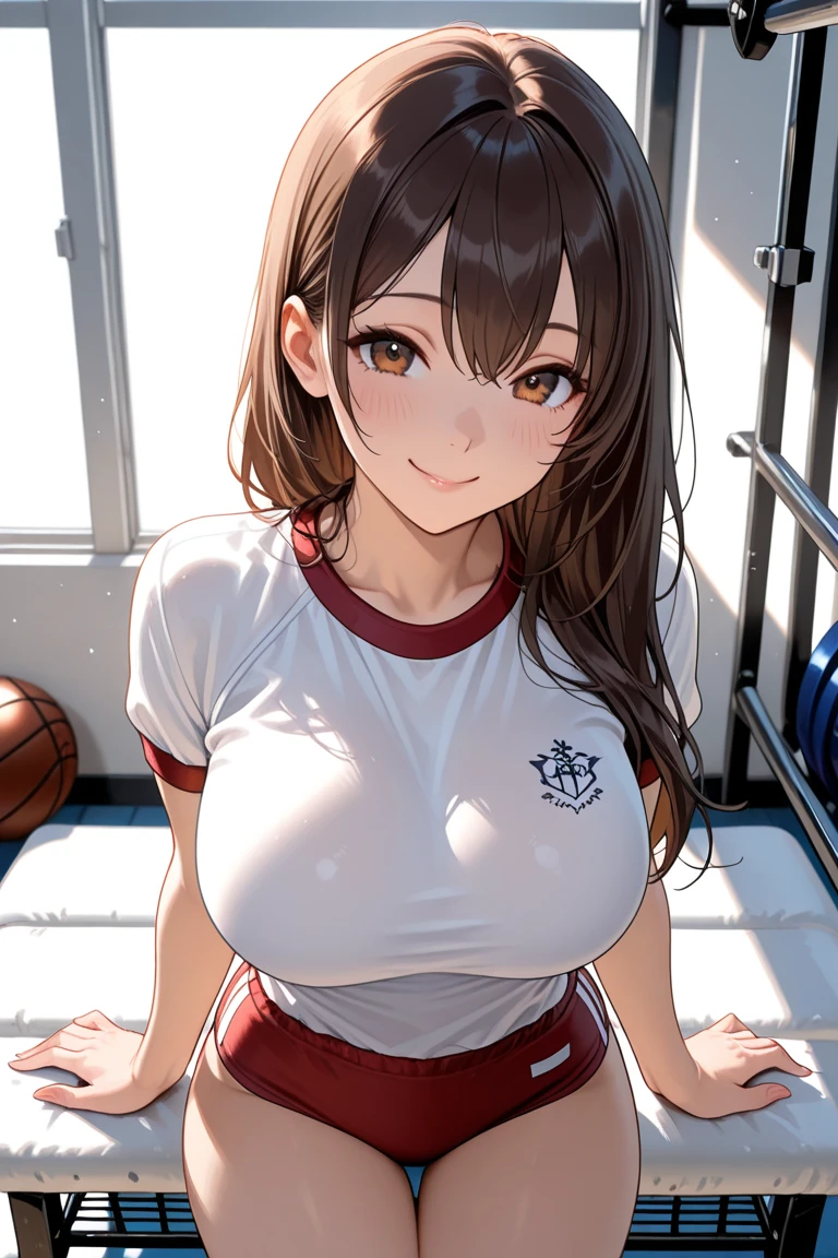 masterpiece, highest quality, Very detailed, ,Fine details, Anime style, One girl, 22 years old, Cute face、middle part, large breasts、Big Ass、Tight waist、Dynamic Angle、Long Hair、Beautiful Eyes、dark brown hair, Shiny Hair, light brown eyes、smile, changing bra, ((underboob)), (volleyball uniform)、locker room,
