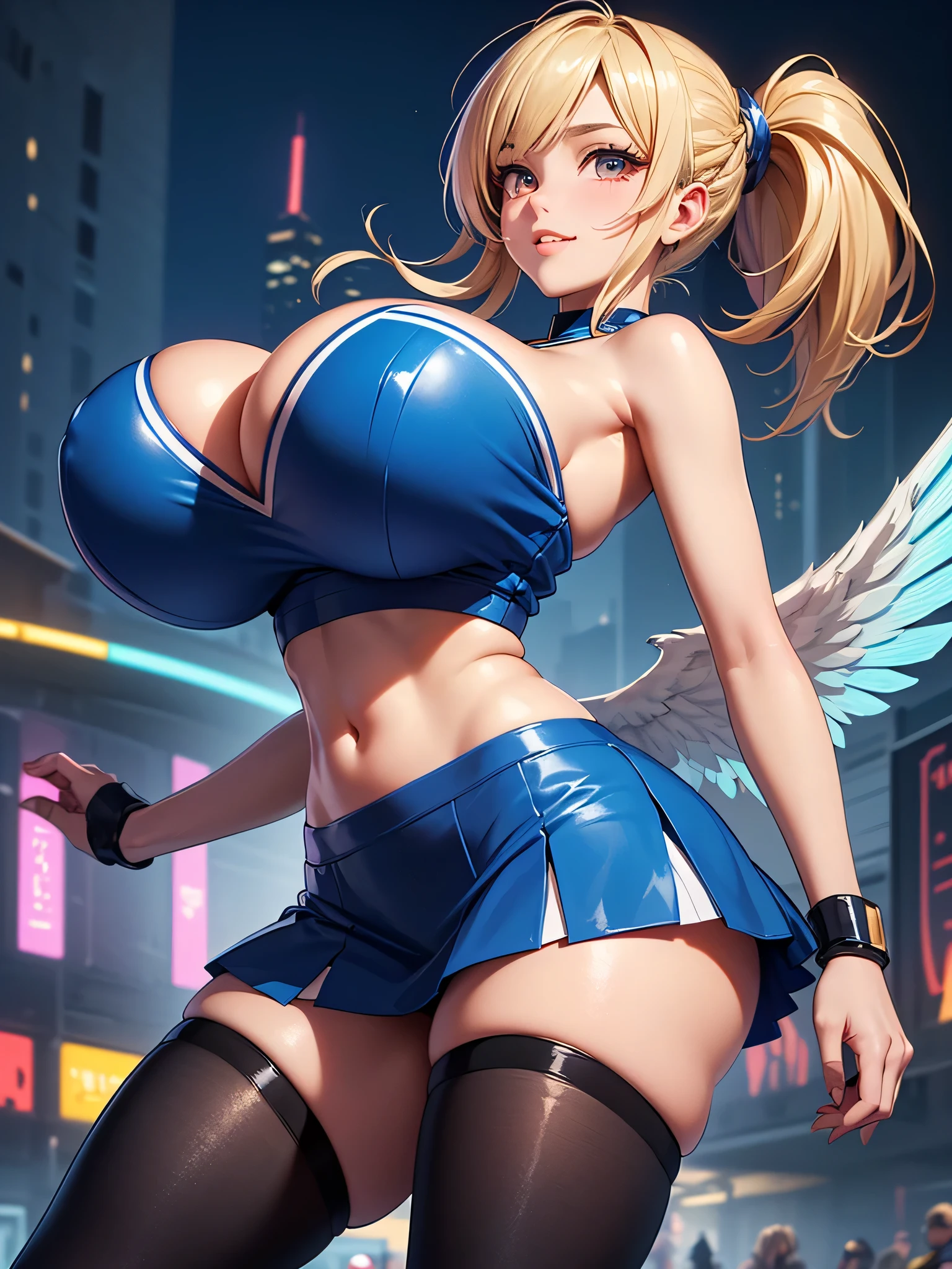 (((best quality))), ((ultra-detailed)), (((masterpiece))), (illustration), ((an extremely delicate and beautiful)), ((super detail)), ((high resolution)), (((20 years old))), metallic cloth, (cheerleader), (android), ((mechanical wings)), delicate metal decorations, gleaming skin, shiny body, two legs, breast focus, (((tall))), slender legs, ((big round eyes)), cute eyes, drooping eyes, ((adult)), two hands, five fingers, no extra hands, elegant smile, braid, medium length hair, ((metallic blue)), (see-through), (dark blonde), (((ultra-huge breasts))), (shining brightly), outdoor, mini skirt, city, daytime, ((biopunk)), erotic, seductive, (nsfw), ((female masturbation)),