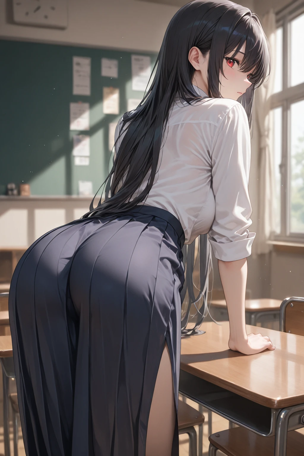 summer、Empty classroom、thick、Sweat、、high school girl、Low length、(((((Eyes hidden by long bangs)))))、(((Long black hair:1.2 hair band)))(((Black-rimmed glasses:1.2 black eye)))、Backlight、evening、Nostalgic atmosphere、Look at this、High position、Full Body Shot、glamorous、Checked mini skirt、Navy knit vest、loafers、Skirt flip、Showing sexy panties、(Flip up your skirt with both hands)、avert your eyes、Plump thighs、Thin pubic hair、(((Angle from directly below))), Beautiful details, 16K, Absurd, masterpiece, Super detailed, beautiful girl, ((Detailed shiny detailed feminine shiny padded panty backside)), One girl crouching, , From behind, ((Accentuate your butt))