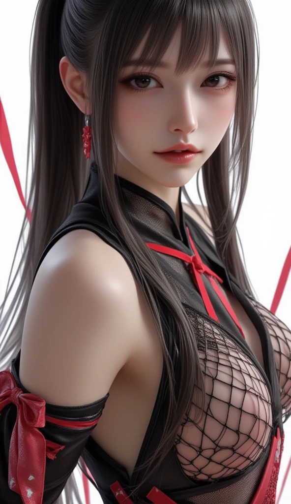 best quality, masterpiece, highres, 1girl, hanfu, white and even teeth, red irises, chinese underwear, hair ornaments, necklace, jewelry, crown jewelry. Pretty face, upper body, magic import style, tyndall effect, photo realistic, dark studio, border light, two tone light, (high detail skin: 1.2), 8k uhd, dslr , soft light, high quality, volumetric light, candid, Photo , high resolution, 4k, 8k, Bokeh, (light pink lips), 1 beautiful demon from hell, In the Dark: 1.6), surreal portraits of women by David Hockney and Alphonse Mucha, fantasy art, photorealism, dynamic lighting, station art, posters, volumetric lighting, highly detailed faces , super 8k, Awarded, in the dark, deep shadow, low light, cowboy lens, (Red phoenix shirt: 1.4), long hair, black hair, bust, luxury palace, Royal style family, devil's crown, red eyes with very sharp and detailed makeup, Best face, Very round and tight breasts, Surreal, chinese women's clothing, turtleneck polo lace top, charming smile, Beautiful eye makeup, guweiz, devil style, black lace stockings, mesh stockings with hooks on underwear, ponytail with a bow at the back, dark red lips, Devil tattoo on shoulder, wearing a nightgown thin lace deep slit chest red black, overcast and thunderous landscape, (Portrait), Close-up of main character, (Background detail 1.8), lace socks worn at the waist,