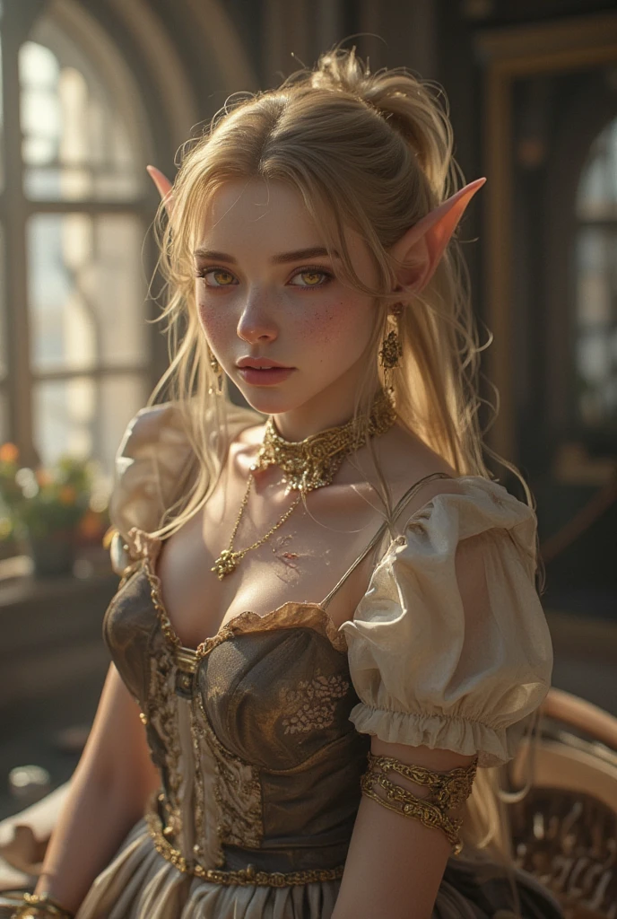((Best Quality)), ((masterpiece)), (detailed), 1 elf girl, ((big bust)), elf young woman, beautiful, wavy blonde hair, pointy ears. The shape of the face is oval, with delicate and proportionate features. The eyes are a deep blue, bright and expressive, and slightly tilted upwards at the ends. The eyes are medium sized, highlighting on the face. The eyebrows are a darker shade than the hair., black. The eyebrows are arched and well defined. The nose is straight and elegant., with a small curve at the tip. The nose is of medium size. The lips are plump and soft.. The lips have a natural pink tone. The mouth is small and slightly curved in a soft smile.. There is no beard or facial hair. The skin is pale and smooth, with a healthy appearance. Skin tones of the face, There is a slight blush on the cheeks. There are no moles, freckles or scars on the skin. She's dressed in hunting clothes, made of leather, her shoes are made of leather. Gothic Leather Corset-Vest, wine color. Her white shirt has no straps, her shoulders are bare. She's gathering medicinal herbs in the forest.