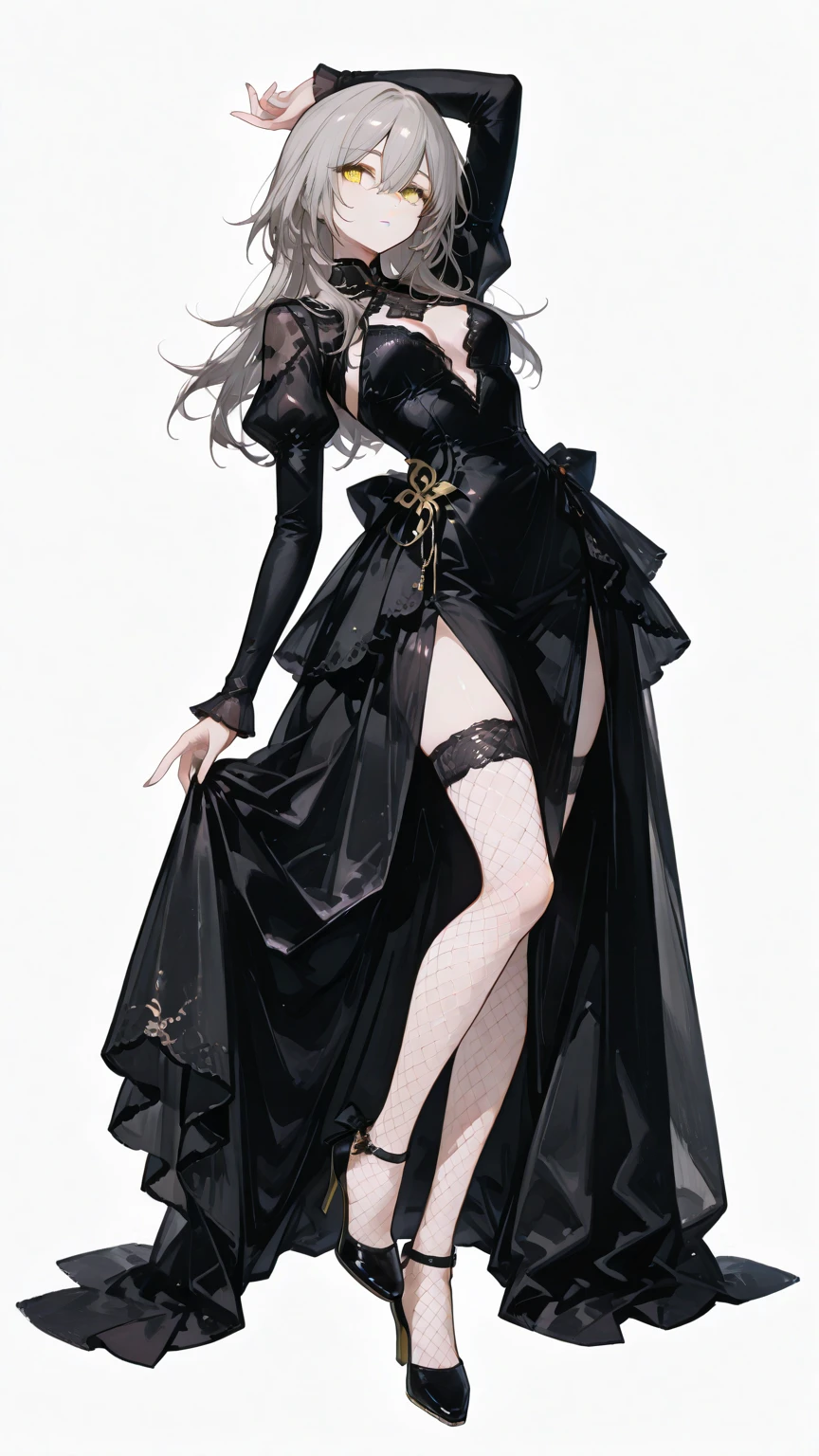 masterpiece, best quality, good quality, Highly detailed, shadowverse style, female, sexy, adult, black hair, lacy frilly armored, modern aesthetic, long straight hair, goth, make up, black eye shadow, lacy frilly armored legging with lacy stocking, blue eyes, cape, tidy long hair