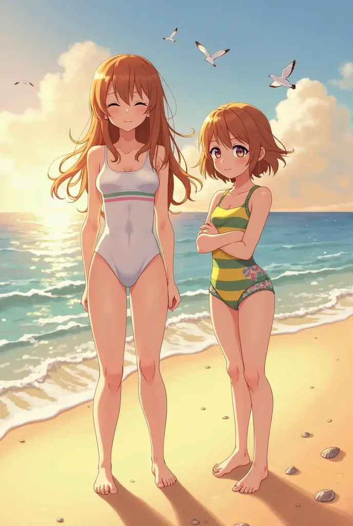 Two anime girls, one with a big ass and a bikini and the other with a full body nude