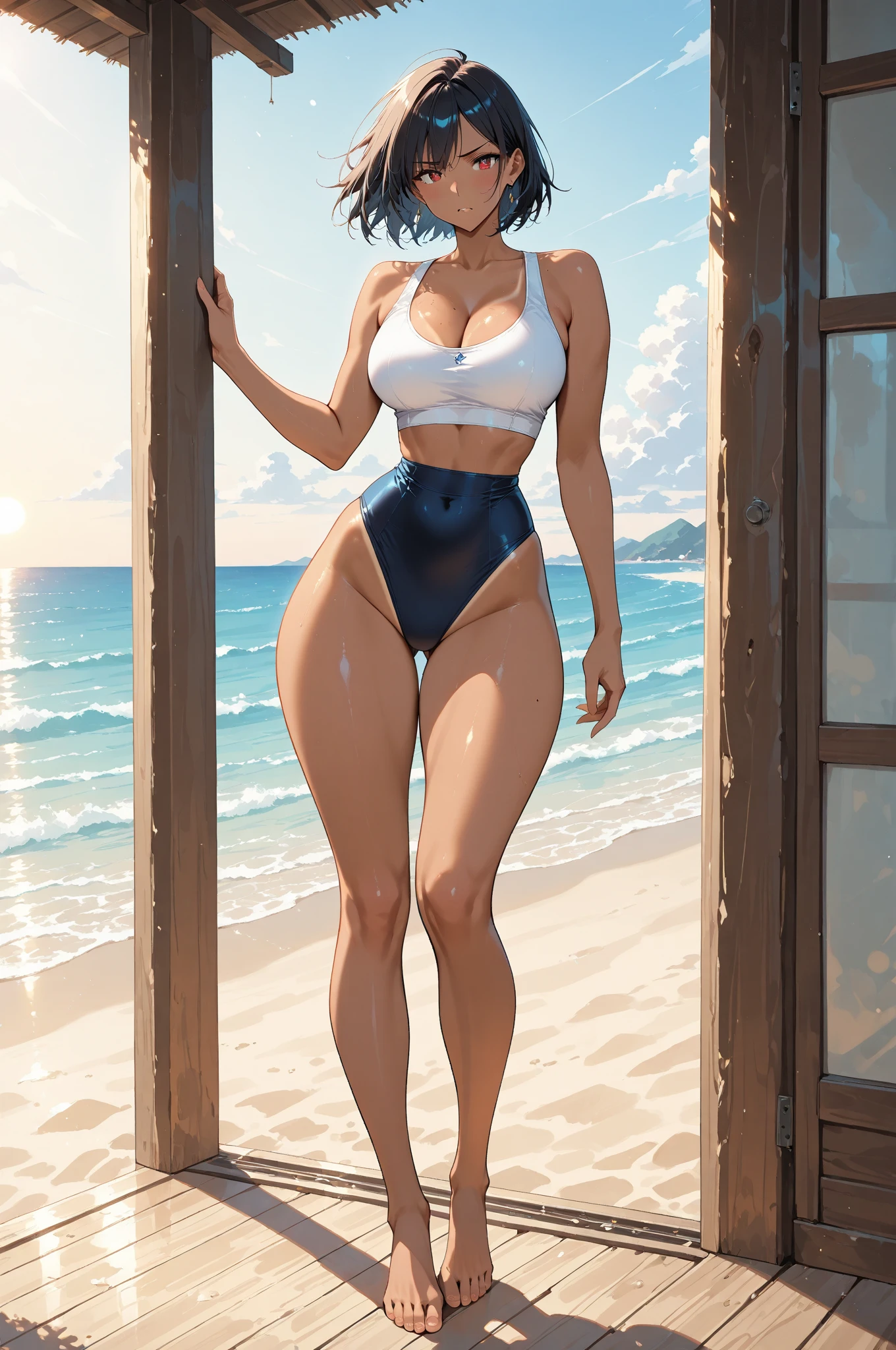 sexy ((twin braids:1.3)) wearing (tight distressed jeans:1.4)(perfect face), detailed face, (symmetrical eyes), perfect nose, (wears red bra:1.2), (gigantic breasts:1.5) (blonde hair combed to side:1.6)analog style posing against a pool filled with guests, cinematic movie still frame,