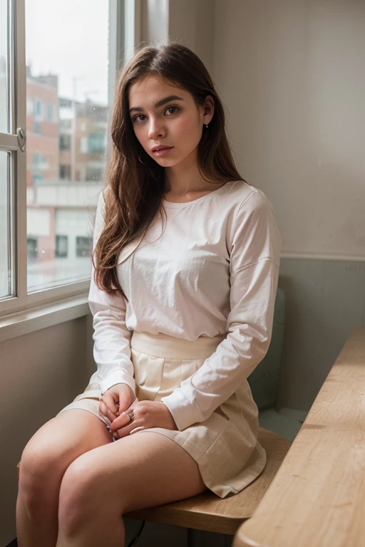 ((Best Quality)), ((Masterpiece)), (detailed), seed 500000, perfect face A 26 year old woman with black hair., Medium blue eyes similar to those of Europeans., and medium lips. wearing a beautiful white sweater and a short black skirt sitting on a bus stop at night in the city with dark light