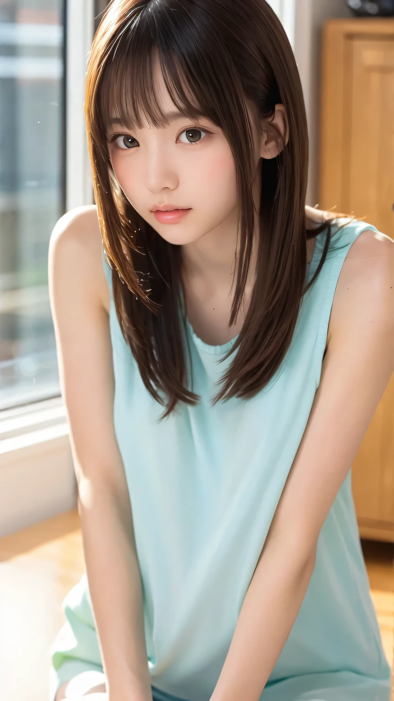 (masterpiece, top quality, 8k), 1 girl, 10th Generation, Full Body, Alone, cute, Girly, delicate girl, cleft, Original photo, looks down at the viewer, Soft Light, Professional Lighting, backlight facing the front, Sleek Design, film grain, (Detailed Eyes and Faces :1.1), medium length floating hair placed on a desk, beautiful flowing hair, Side Bang,