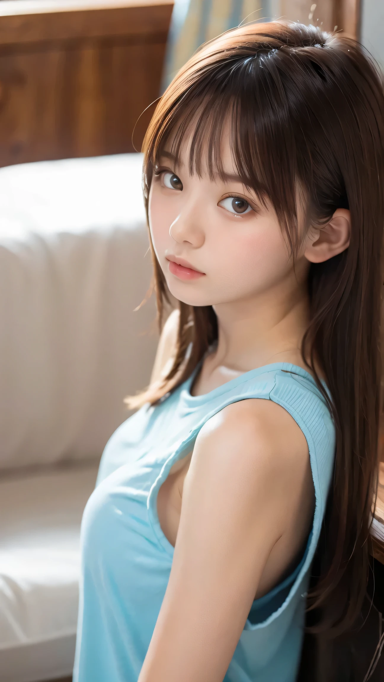 (masterpiece, top quality, 8k), 1 girl, 10th Generation, Full Body, Alone, cute, Girly, delicate girl, cleft, Original photo, looks down at the viewer, Soft Light, Professional Lighting, backlight facing the front, Sleek Design, film grain, (Detailed Eyes and Faces :1.1), medium length floating hair placed on a desk, beautiful flowing hair, Side Bang,