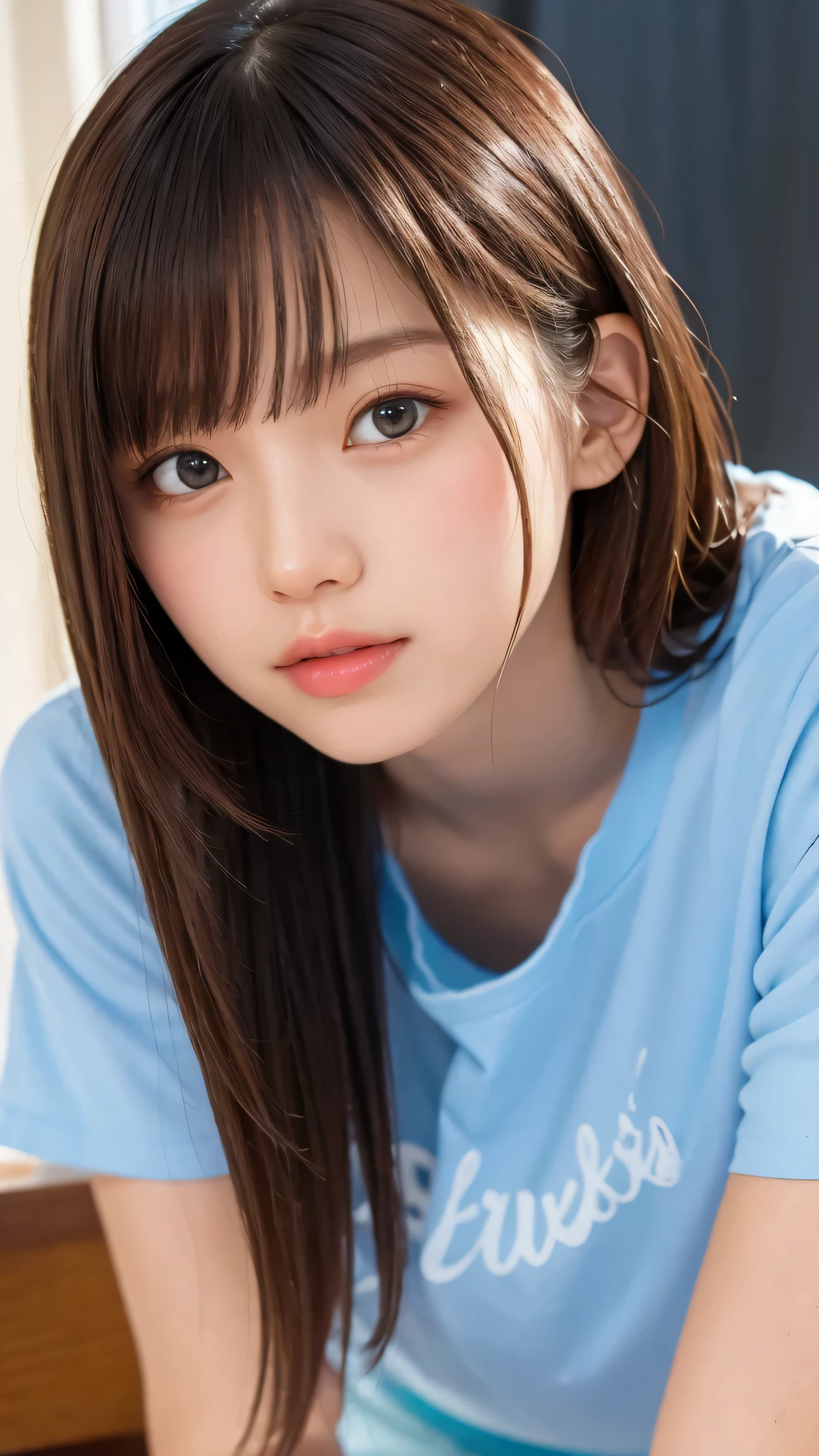 (masterpiece, top quality, 8k), 1 girl, 10th Generation, Full Body, Alone, cute, Girly, delicate girl, cleft, Original photo, looks down at the viewer, Soft Light, Professional Lighting, backlight facing the front, Sleek Design, film grain, (Detailed Eyes and Faces :1.1), medium length floating hair placed on a desk, beautiful flowing hair, Side Bang, club activity manager