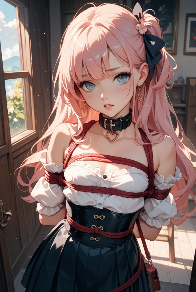 Kururu sensei, pink hair, twin tails, small underwear, white underwear, tense underwear, underwear, small breasts, crying face, crying, drooling, scared, sitting with crotch open, showing off crotch, sweat-soaked skin, abandoned house, a large amount of used condoms on the floor, ((chained, arms raised, crossed behind the head))