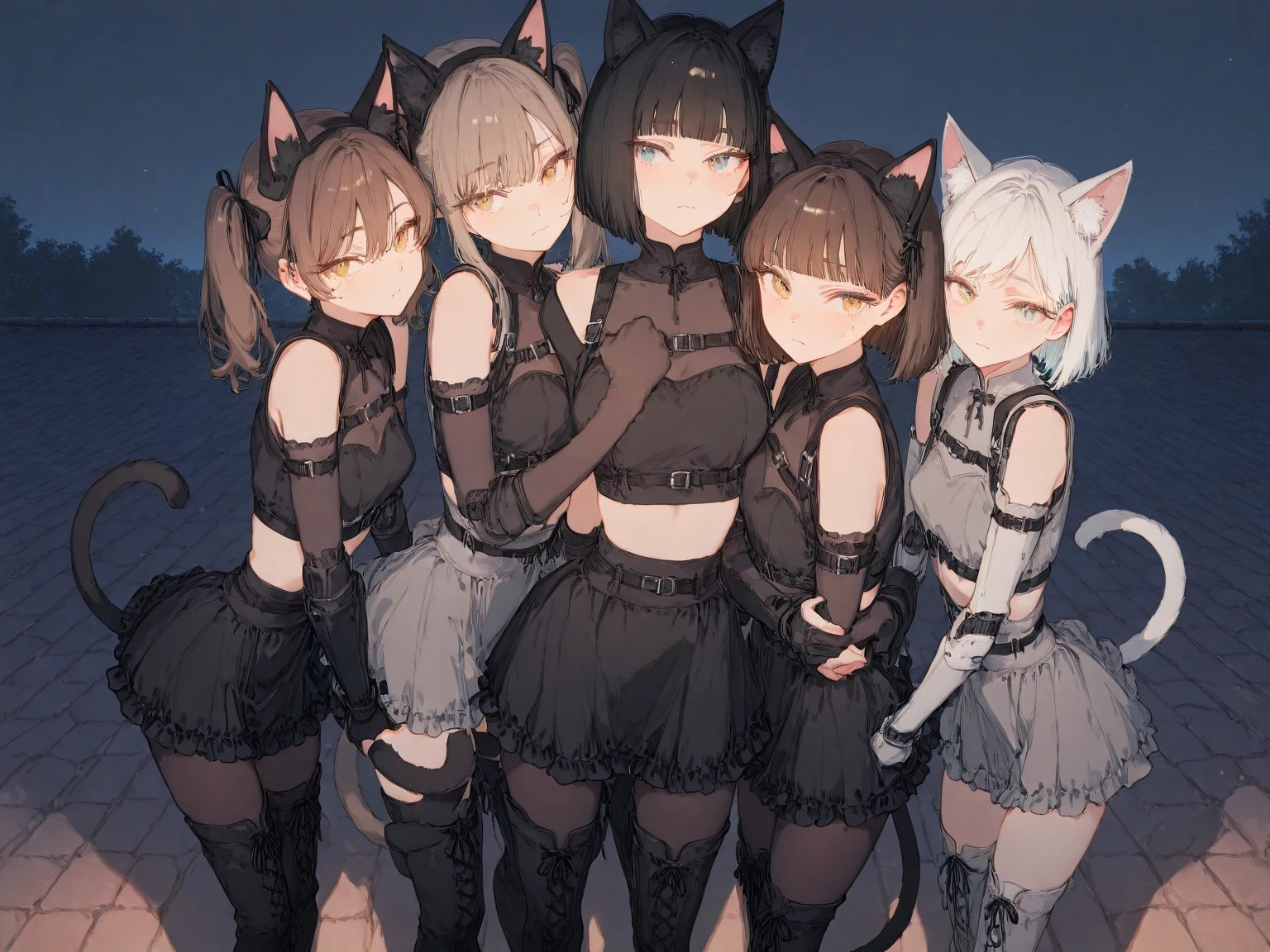 Long, bushy, light brown hair with a gray tint。Coldly。Round and flat face。Large, round, yellow-green eyes。Large pupils。Small, flat nose。Small round cat ears。Small and stocky build。The limbs are short and sturdy.。Cold-resistant。fluffy fur。sensitive。Black Costume Belt on torso Gothic