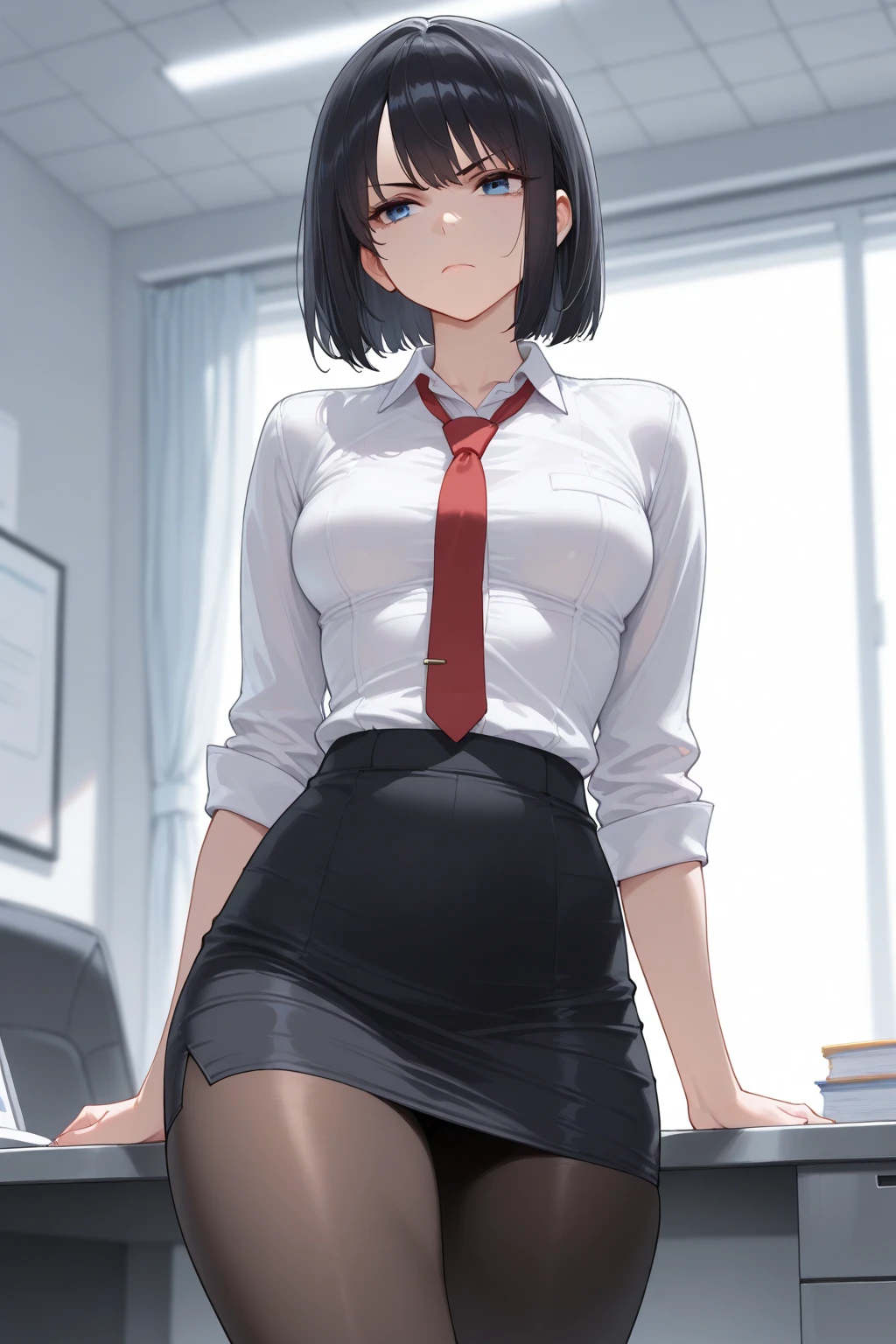 (1 person、solo), Beautiful woman, Anatomically perfect body, Slender、(OL, Office Lady、blouse),(Pencil Skirt、Pulling on skirt:1.3), (Pussy juice:1.2)、Are standing、(Look down:1.2), 20-year-old、(highest quality)、Black Hair, (half updo)、(8k, High resolution)、(shy:1.2)、Mid-chest, (steam:1.1), (embarrassed:1.2), Erect nipples、multiple angles、(Inner thighs)