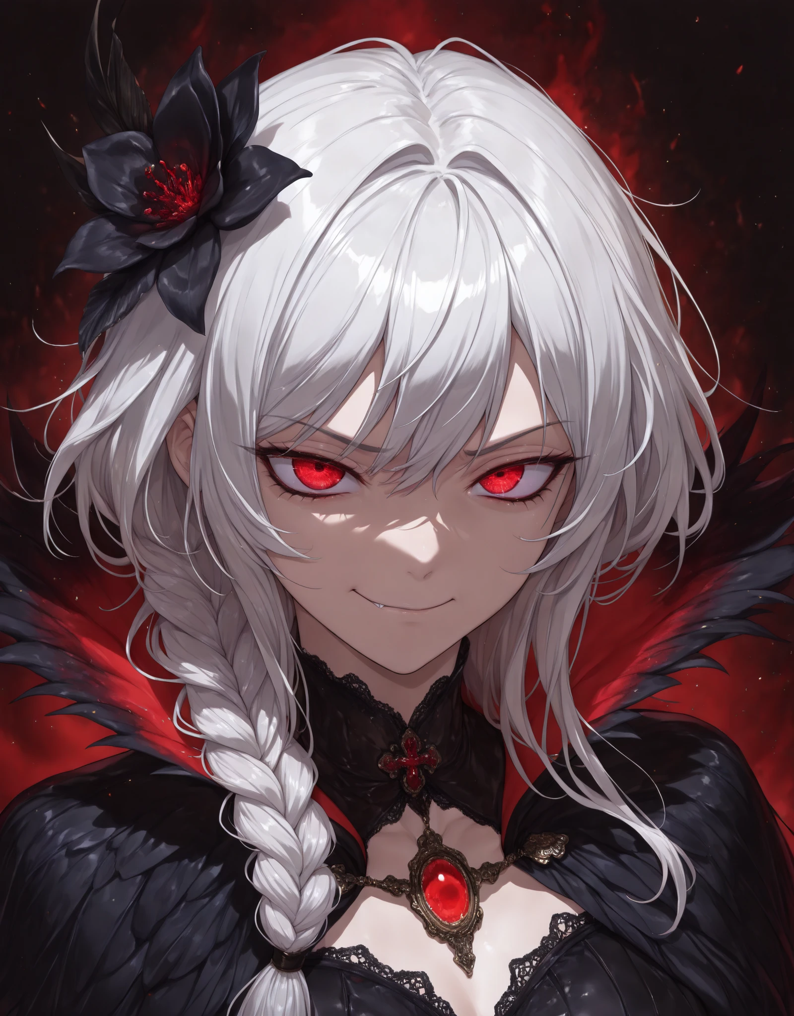 (looking at viewer, glaring at viewer, cowboy shot:1.22), kubrick stare, tsurime narrow eyes, predatory eyes, (portrait, standing at attention, disciplined, side shot, medium shot, three quarter shot:1.5), mature, (1girl:0.75), solo, masterpiece, best quality, amazing quality, very aesthetic, high resolution, ultra-detailed, (soft shading, soft shadows, volumetric light:1.14), snow white hair, long hair , small chest, elaborate braid, black flower, black feathered capelet, ornate dress, red eyes, sharp red eyes, smirk, glowing red aura, glowing black aura,black eye trail, lidded eyes, ruffled hair, wolf cut hair