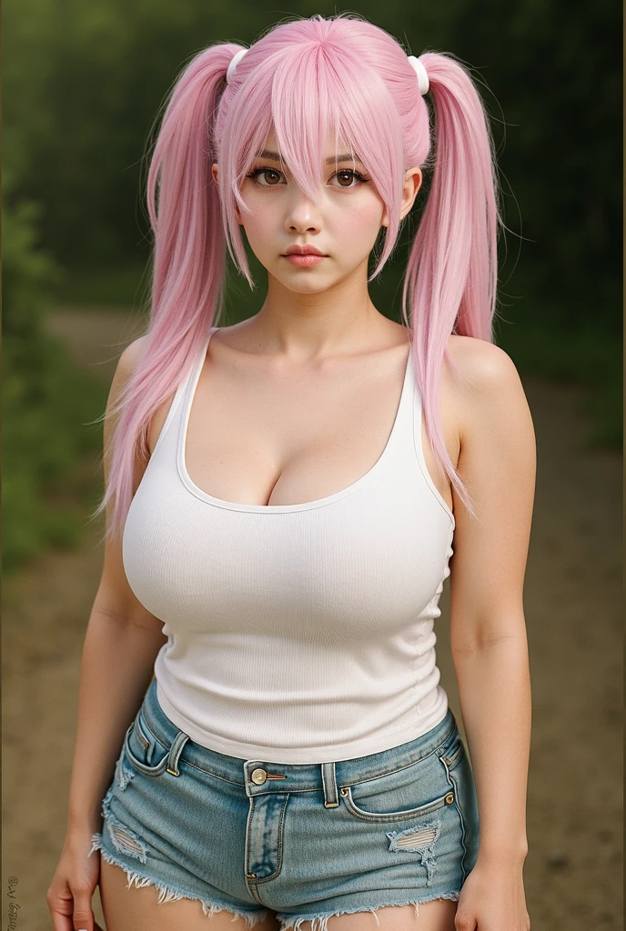 anime girl with pink hair, white oversized t-shirt and blue shorts posing for a picture, sfw huge breasts, cat ears, cat tail, seductive anime girl, oppai proportions, with large breasts, thicc, smooth anime cg art, anime highly detailed,