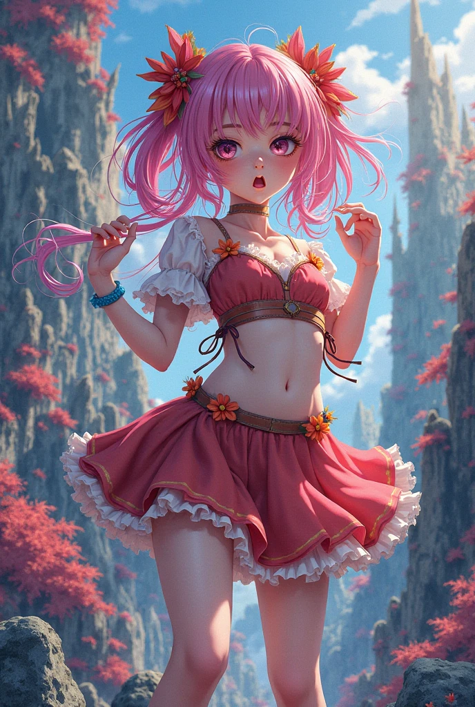 1girl, pink hair, twintails, cheerful, pink eyes, wearing pink skirt, no underwear, medium breasts showing