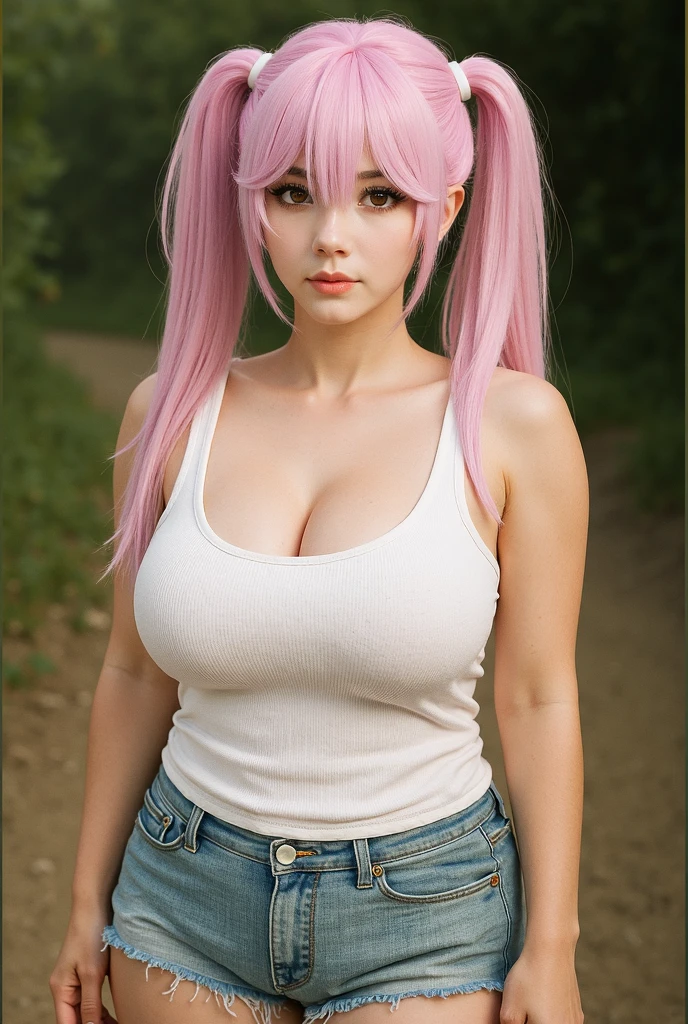 A pink haired lady with big 