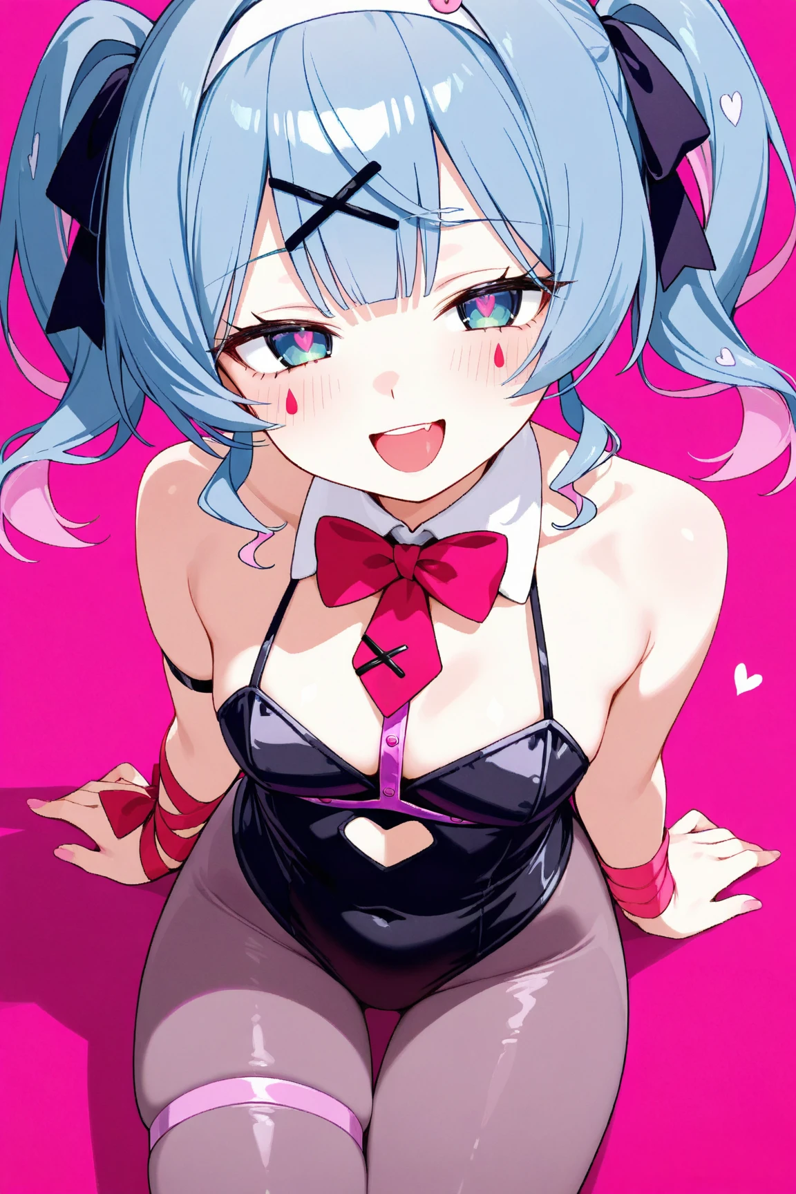 １girl、Short silver bob hair tied in a bun with a hair clip, Pink Eyes、smile、really like、Pink tank top、hot pants、Upper body close-up、Morning Cafe Terrace、Background blur, Written boundary depth, sitting, looking away, cleavage 
