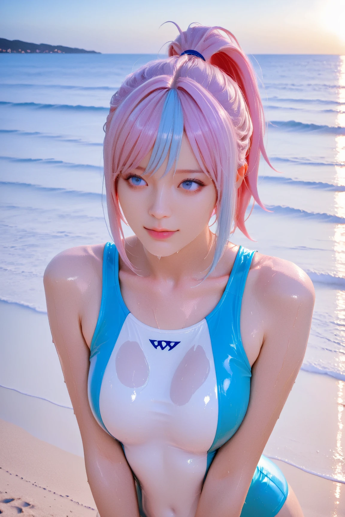 (8k, highest quality, masterpiece:1,2), (Realistic, Photorealistic:1.37), Super Detail, One Girl,), (Very detailedな), (Beautiful and detailed eyes), (highest quality), (Very detailed ), (masterpiece), (Detailed face),20-year-old, ,1 girl, ((Pink Hair,Long Hair)), Medium chest, Dressed, Perfect lighting, break, (Navy blue:1.2), (white trim:1.2), (Anchor Pattern:1.2), (spandex:1.2), (Shiny school swimsuit:1.5), (Deep neckline:1.5),( Very shiny:1.2), (high cut leg:1.5), (Bodycon:1.3), (Ribbon Details:1.2), (No socks:1.1), (Navy heels:1.1), (Gold Jewelry:1.1), brake, (From the upper body to the knees:1.2), (long Pink Hair:1.2), (Wavy Hair:1.1), (Captivating smile:1.3), (Look down:1.2), (Tilt your hips:1.4), (Put your hands on the straps of your swimsuit:1.3), (Put one foot in front of the other:1.2), (Soft lighting:1.2), (Pool background:1.1), brake (Sweat:1.5),