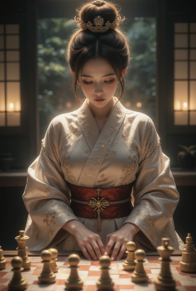 A captivating image capturing the elegant yet contemplative kimono worn by the character's beautiful woman, who will become her mother-in-law. The kimono's flowing designs are embellished with delicate details, such as intricate embroidery, and a matching set of shoes. The warm, golden light from a wide aperture highlights the soft, natural light filtering through the kimono, emphasizing the soft, luminous tones of the scene. shallow depth of field, natural light, studio ghibli style