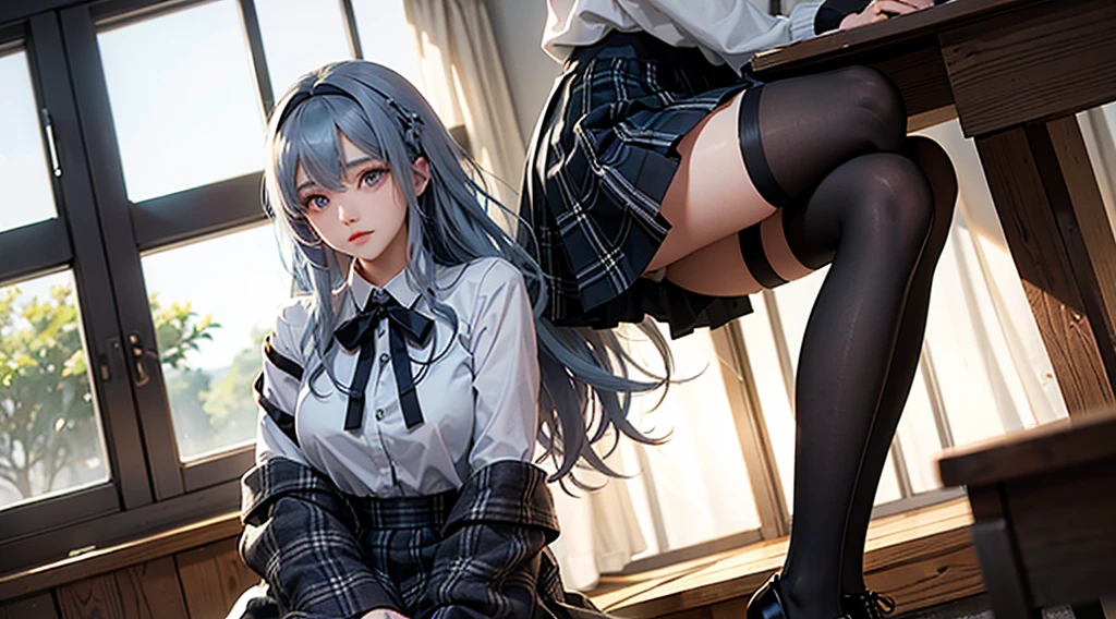 girl, 20 years old,Waist-length hair, Silver Hair, Amber eyes, Medium breasts, indoor，put，Short skirt，Knee-length socks，High heel，office，sit，，elegant，best quality, high resolution, Very detailed, Detailed background, Perfect Lighting，Light, Light线追踪, Depth of Field, Light, Light线追踪, Ultra HD, High Detail, best quality, high resolution, high quality, The award-winning, Super Detail, masterpiece, 8K, Ultra HD, High Detail, best quality, high resolution, high quality, The award-winning, Super Detail, masterpiece