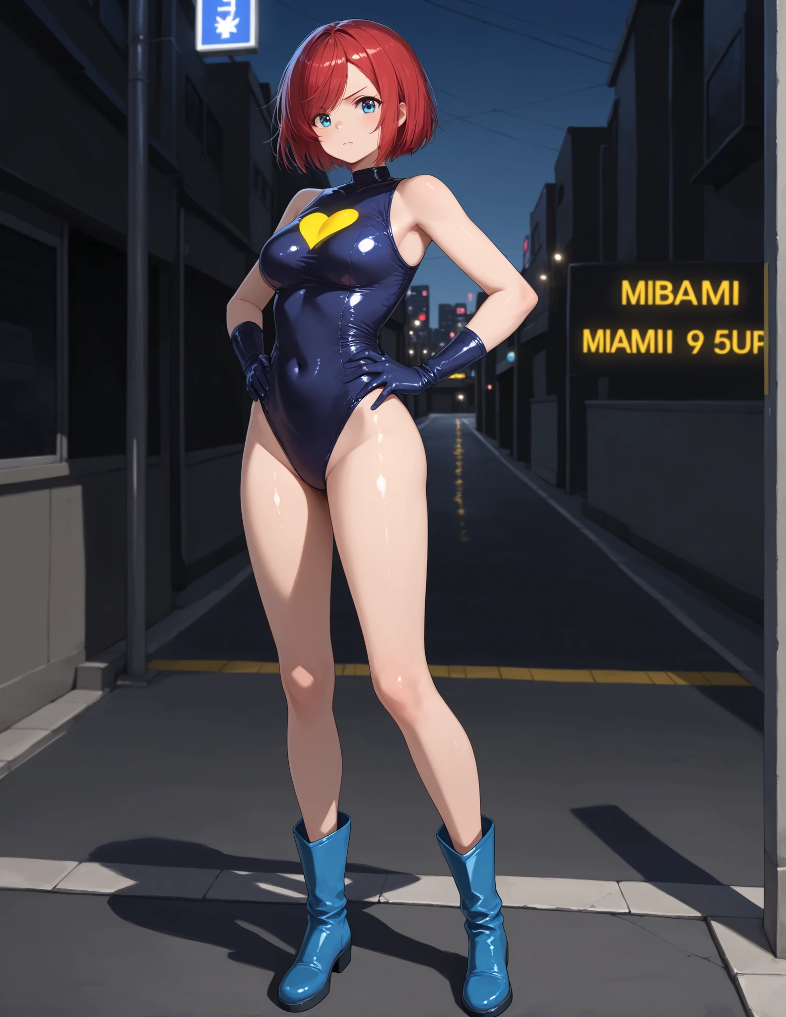 watanabe you, masterpiece, best quality, highres, 1girl, solo, superhero, leotard, bare legs, boots, matching boots, sleeveless, gloves, matching gloves, looking at viewer, city backdrop, blue and white leotard, standing, hands on hip, full body shot, smile, glowing body