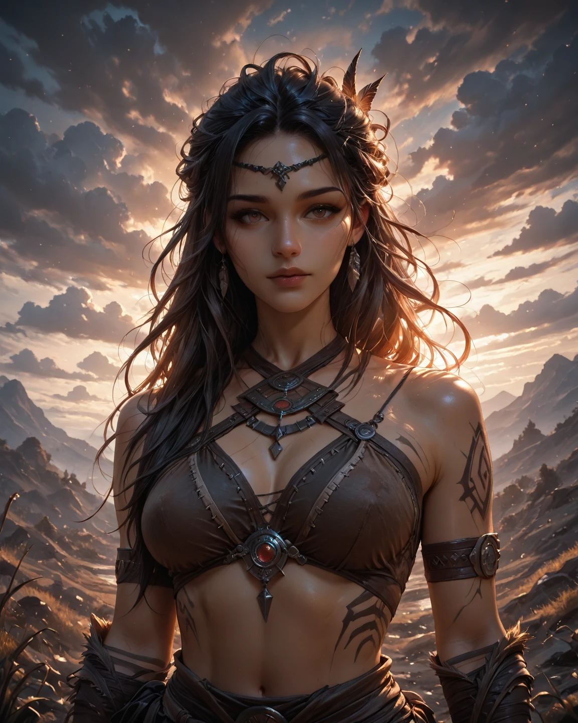 (Zendaya:Evangeline Lilly), Hyborian Age, ancient desert oasis, 10,000 BC, slightly muscular, Beautiful anime waifu style girl, hyperdetailed painting, luminism, art by Carne Griffiths and Wadim Kashin concept art, dark skin, bracelet, earrings, solo focus, dark-skinned female, midriff, blurry background, long hair, necklace, cleavage, black hair, skirt, realistic,