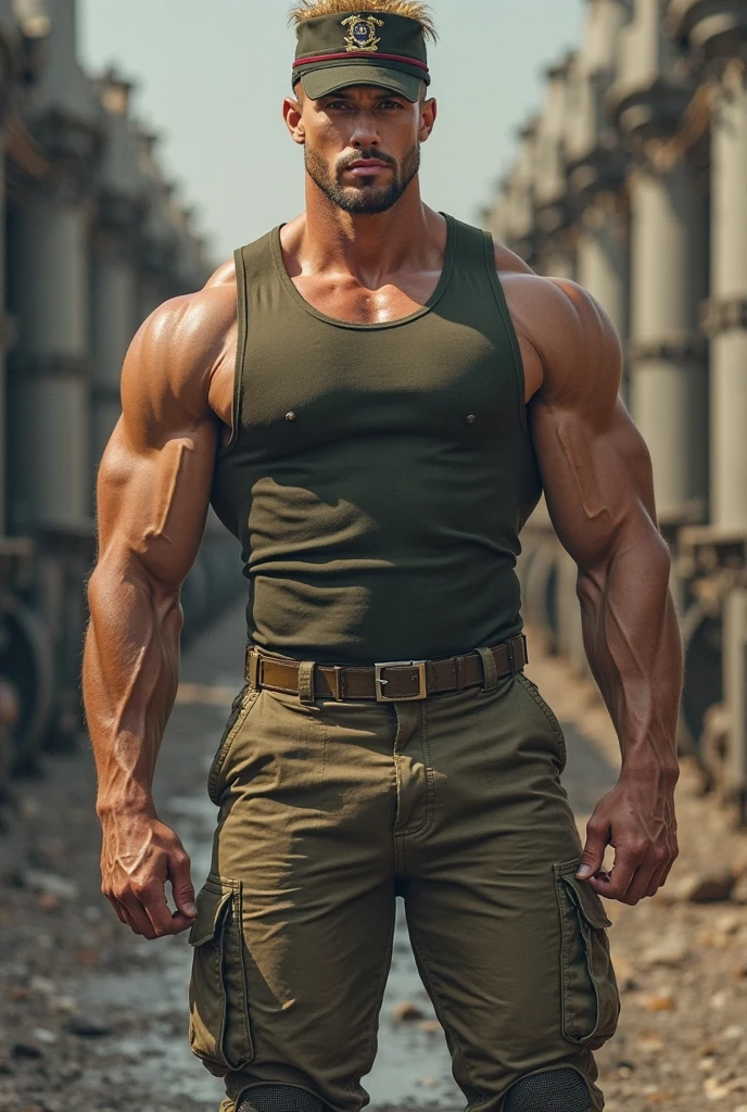 brutalmass stoic man, unbuttoned shirt, truck driver, bald, cap, virile face, Photorealistic, defined face with perfect proportions, (square face) intimidating air, military haircut, brown hair, hyperreal photo, cavernous, FOAL, transhuman
