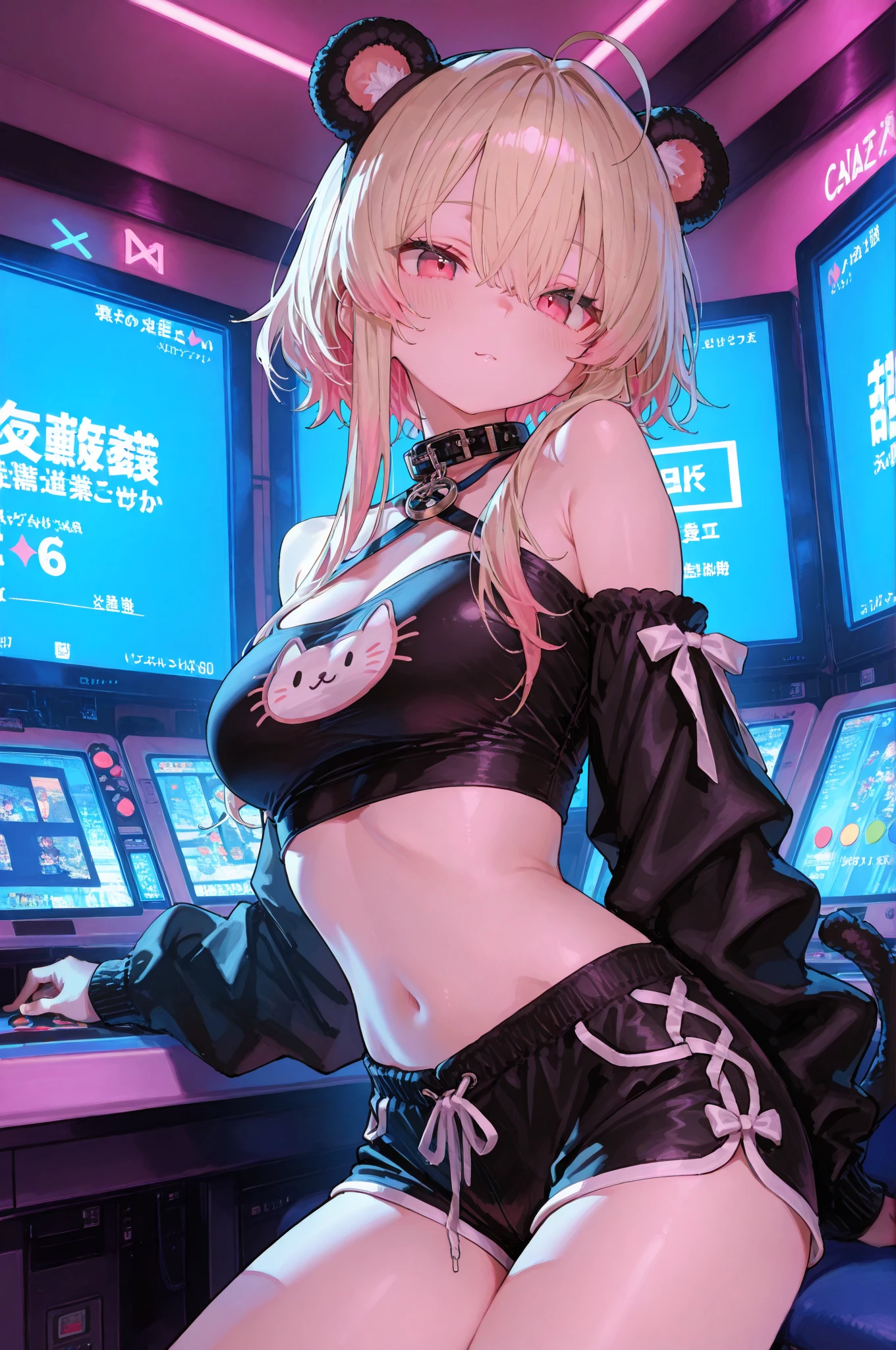 This illustration depicts a cute girl playing slots while smoking a cigarette. She has a cigarette in her hand and her eyes sparkle. The room has a futuristic feel with the walls colored like a casino. However, the most noteworthy thing is the "last mysterious high-energy body" she emits. This energy body released from her body has the power to obliterate the garbage in the store. The pale light reaches every corner of the room. She is sitting in a plush chair and is wearing a bunny girl outfit. I'm obsessed with the game.