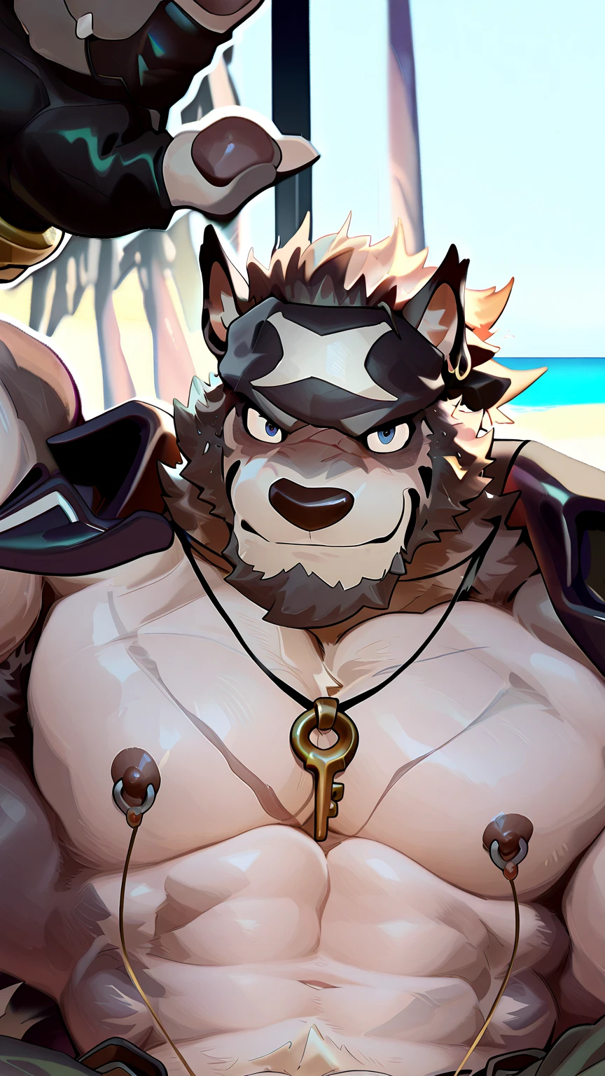 ((masterpiece)), ((8k)), ((SFW:1.8)), ((solo)), ((uploaded on e621)), (by slugbox), (by bonifasko), (by cervina7), (by null-ghost), (high resolution), ((Anime-ish high quality)), (best quality), (super fine illustration), (highly details), ((houndoom)), ((fluffy dog)), ((male)), (anatomically correct), ((pawpads:1.3)), (five fingers), ((tuft)), (fluffy fur)), ((fluffy fur body:1.3)), ((detailed fluffy fur)), (highly detailed face), (detailed hands), (detailed body), ((detailed eyes)), (big red eyes), ((looking at viewer)), ((portrait:1.8, face close-up:1.8, headshot:1.8)), ((furry)), ((wide chest:1.6)), ((pectoralis major muscle:1.6)), ((big nipples)), ((large areola)), ((huge muscular body:1.3)), ((muscular figure)), ((massive and strong body)), ((veins:1.3)), ((veiny muscles:1.3)), ((veiny arms)), ((veiny legs)), ((muscular arms)), ((muscular legs)), ((abdominal muscles:1.3)), (Oblique muscle), serratus anterior muscle, ((thick thighs:1.3)), ((blush)), (long snout), (big tail), ((fangs)), open mouth, ((breath visible)), ((sweaty:1.8)), ((many scars all over the body:1.8)), ((many scratches all over the body:1.8)), ((a lot of claw marks all over the body:1.8)), ((scars on face:1.6)), ((detailed scars)), ((deep scars)), ((wearing dog tags:1.6)), ((dynamic pose:1.3)), ((in the seaside)), ((on the beach)), ((the sun)), ((a crowd of furry:1.3)), ((detailed background)), ((cinematic lighting)), ((gorgeous light and shadows)), ((highly detailed background)), ((wearing hot pants:1.8)), ((fist fight:1.6)),