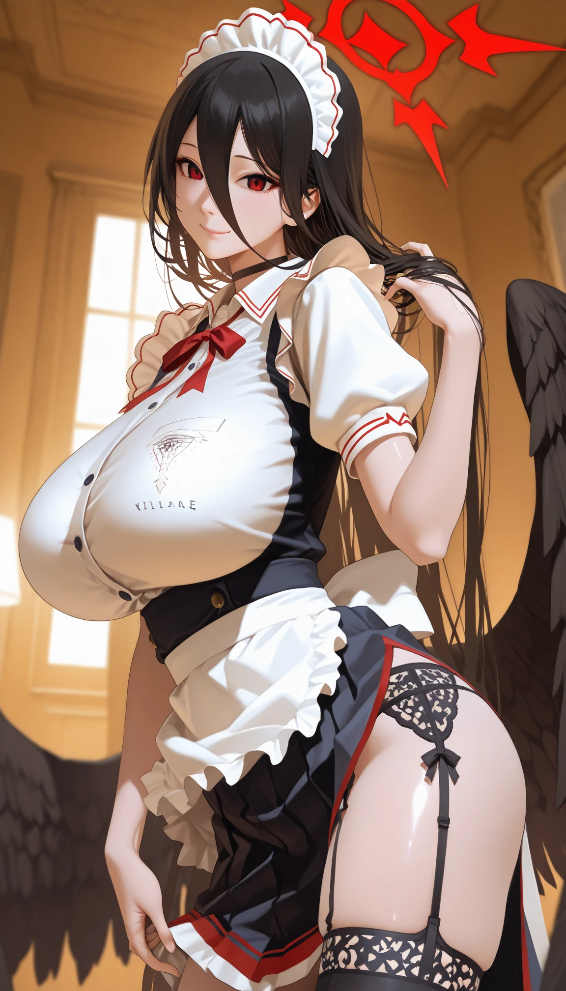 hasshaku-sama, 1girl, solo, black hair, thighhighs, long hair, white dress, sun hat, gloves, sky, white thighhighs, gigantic breasts, garter straps, sleeveless dress, white headwear, (covered nipples), white gloves, bangs, blue sky, tall female, open mouth, looking at viewer, very long hair, hands on headwear, red eyes, day, hair over eyes, puffy sleeves, lace-trimmed legwear, cloud, hime cut, outdoors, above clouds, wind, garter straps, wind lift, skirt lift, <lora:Hasshakusama:0.6>