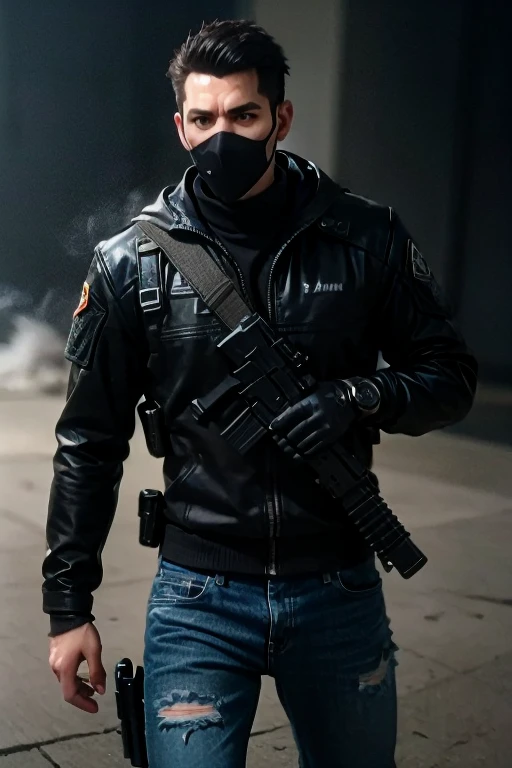 realistic photo, a handsome man, alone, short hair, jeans, black hair, black eyes, gloves, weapons, pantyhose, hair band, boots, holding a gun, Black pantyhose, rifle, one knee, sniper rifle, scope,  shell casing