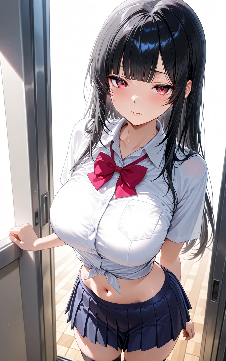 A teenage girl、(​masterpiece:1.4)、(in 8K、realisitic、Raw photo、top-quality:1.4)、(Real Face:1.4)、(real looking skin:1.3)、超A high resolution、A hyper-realistic、Eyes in Beautiful Details、Black twin tails、耳环、White collared shirt、no-bra、Dark blue pleated skirt、(huge-breasted:1.5)、gargantilha、cleavage of the breast、Blushing、alluring face、Troubled look、Inside the hotel room