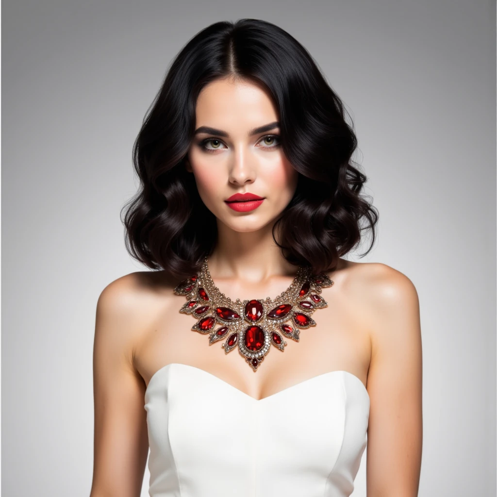 A captivating raw photo of a radiantly beautiful Russian girl, exuding glamour with her blue and white eyes, poses confidently for a full-body photo shoot. Dressed in stylish vintage clothing, she exhibits a Leo-like fierceness with her animalistic form, impressing onlookers with her dark, spiraled eyes, accentuated by thick eyeliner. Her seductive necklace glimmers on her perfectly shaped, dimpled cheeks as she pouts with expressive lips. A unique facial piercing adds to her allure, showcasing her bold, seductive personality.

Her smoky eye makeup and pronounced jawline are enhanced by the sharp flash