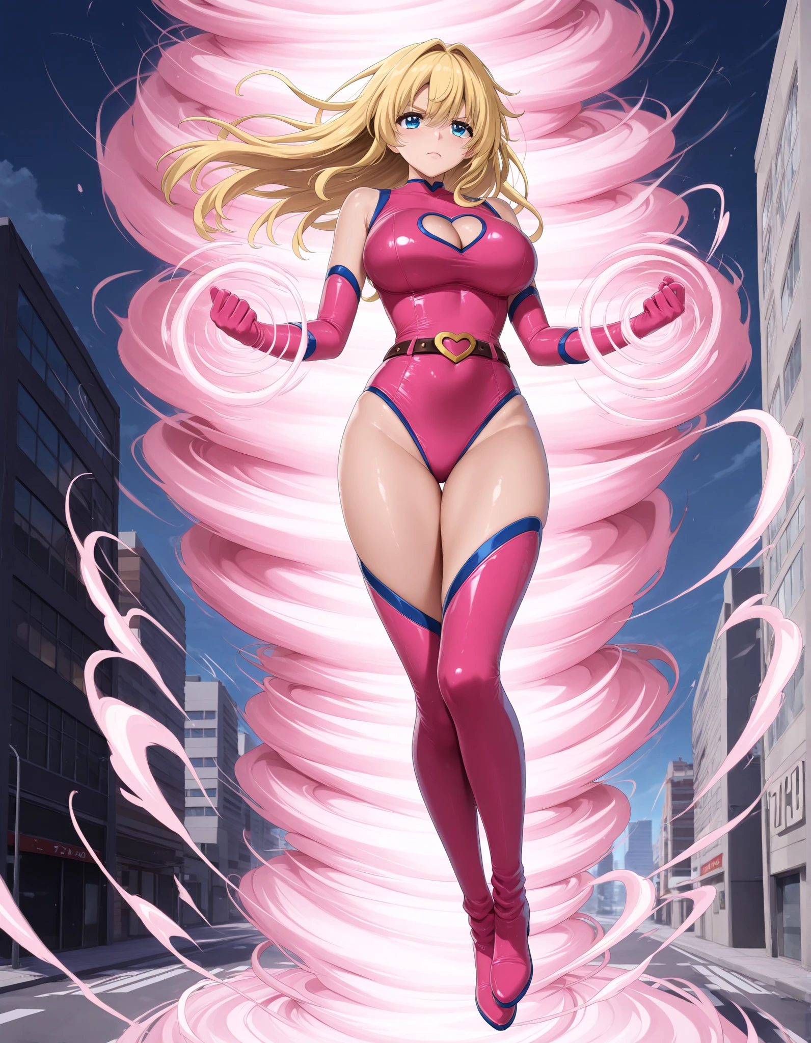 ((masterpiece)), ((best quality)), ((high res)), 1girl, solo, solo focus, (leotard, perfect leotard, pink leotard, sleeveless, bare legs), matching boots, looking at the viewer, blue sky backdrop, hand, perfect hands, complete fingers, perfect anatomy, medium breasts, (blonde hair, long hair, mid-length hair, hair down, bangs), knee boots, blue eyes, beautiful detailed eyes, beautiful detailed face, cute face, (cleavage heart cutout), pink gloves, pink footwear, superhero, heroic, spread arms. spins in place like a (tornado). she spins at an incredible speed, creating a whirlwind of air around her. spiral lines around, cyclone winds around, tornado spinning. full body with costume
