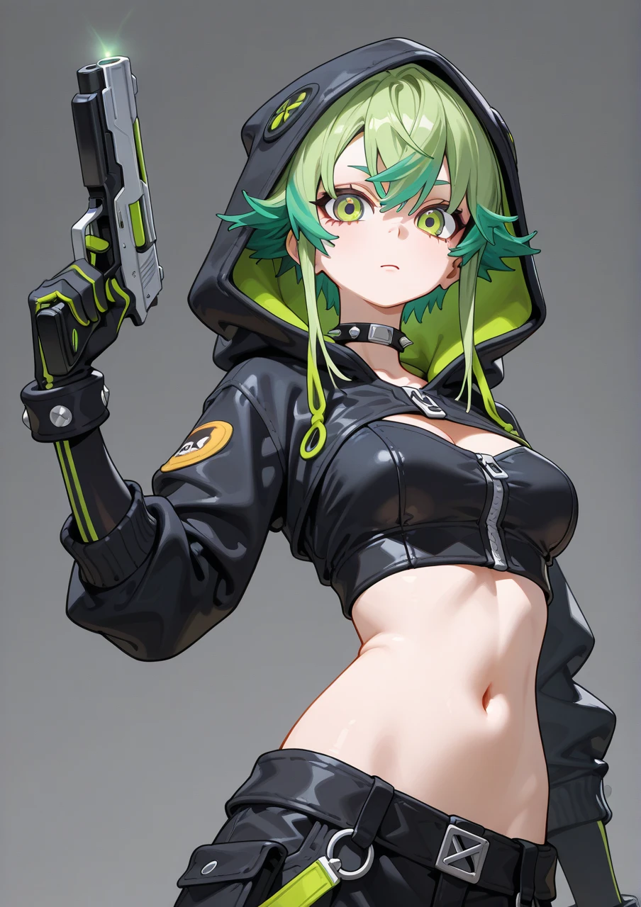 ((mature female, masterpiece, mistress, goddess)),((masterpiece: 1.2)),ultra-detailed, ultra high res, high quality, 4K, solo, 1girl,extreamly delicate and beautiful,illustration,masterpiece,(illustration),(highres),green hair,goggles around neck,bikini top only,navel,hair ornament,hood up
