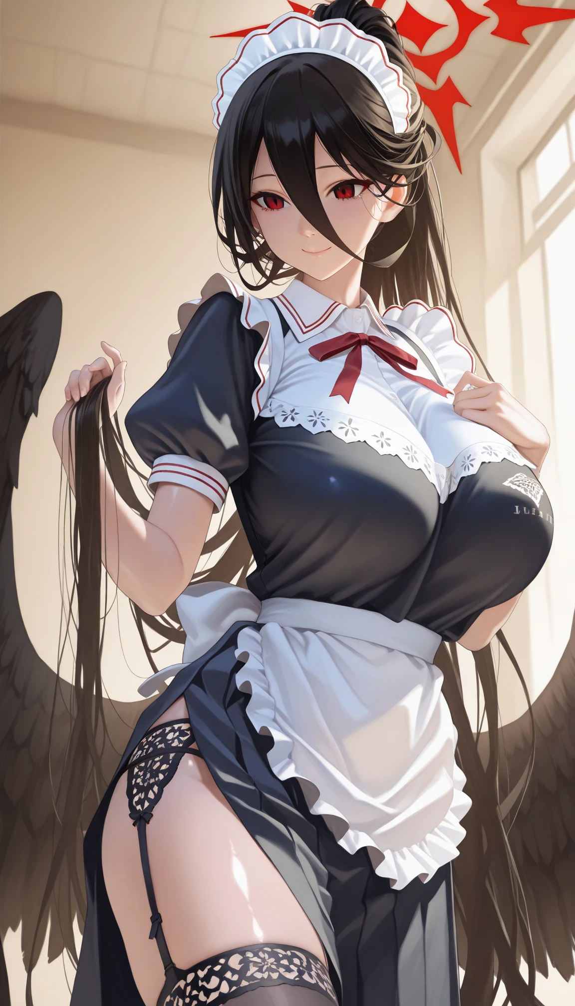 (Highest quality), (masterpiece), 1080P, High resolution, 4K, 8K, ((Maid clothes)), ((Bunny ears)), Black ruffles, Shooting from directly above, Sweat, ((White panties)), ((double piece)), ((peace fingers)), Lock, chain, restrained, shackles, string, tie, To achieve this, ((~ side)), show your ~ side, Spread your legs, Nipples, Large Breasts, whole body, Embarrassed face, , Blunt bangs, bracelet, garter belt, Lying on your back, Off the shoulder, leg up, heart, saliva, open mouth, tongue out