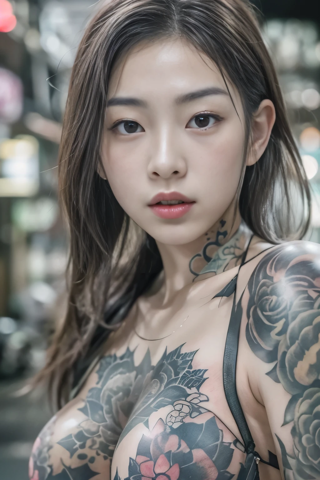 A pornographic girl wearing Chinese underwear，s the perfect face，Wearing black stockings，Wear stiletto heels，with tattoos，Have on the street，CG，incredibly detailed，ultra-realistic realism