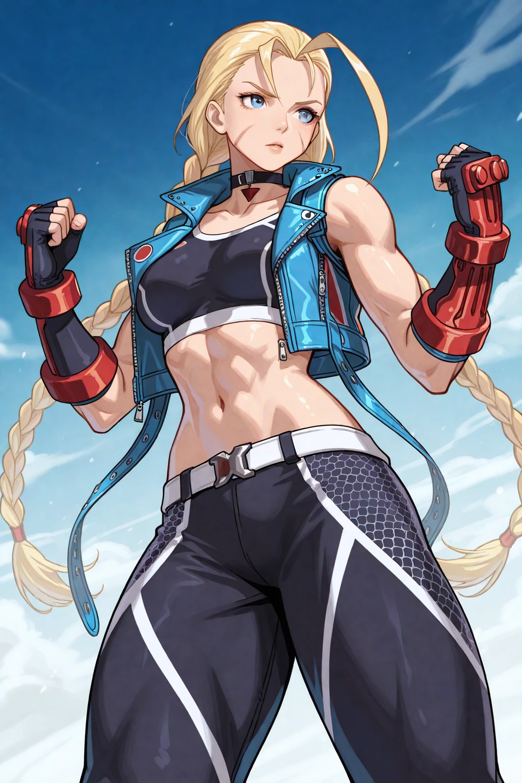 cammy sf6 ,1girl , solo , tank top , yoga pant, abs, short hair , blonde hair , open jacket ,blue eyes , outdoor , standing , smile , happy , upper body , scar on cheeks ,gloves,