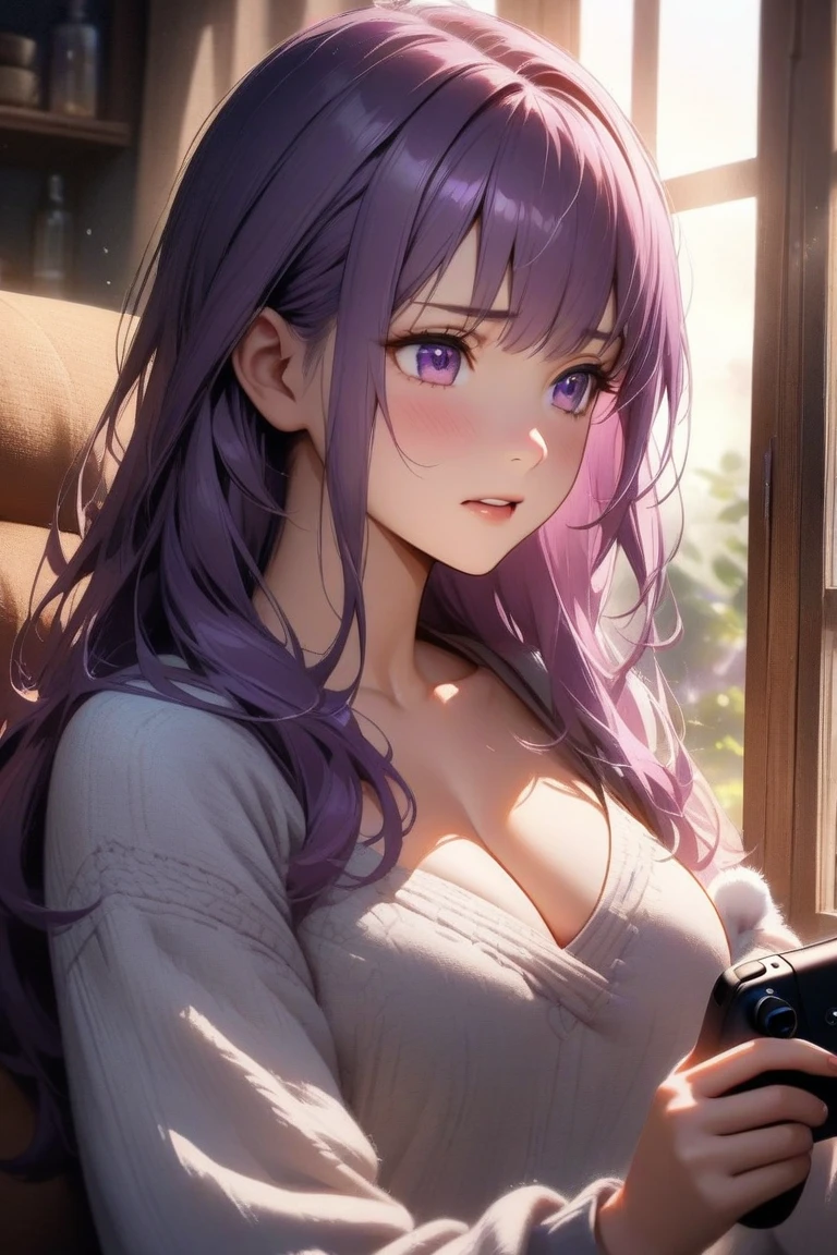 purple hair girl, small girl, one girl, purple wedding dress, face on camera, tight shirt, show large chest, dark isekai, shy girl, pitiful face, face forward to camera, asking pose, pink cheeks, half body, body on big chain, smile, purple eyes, no nails, pink blushes, lying on grass, very big breast, cleavage, wet breast, leg_up