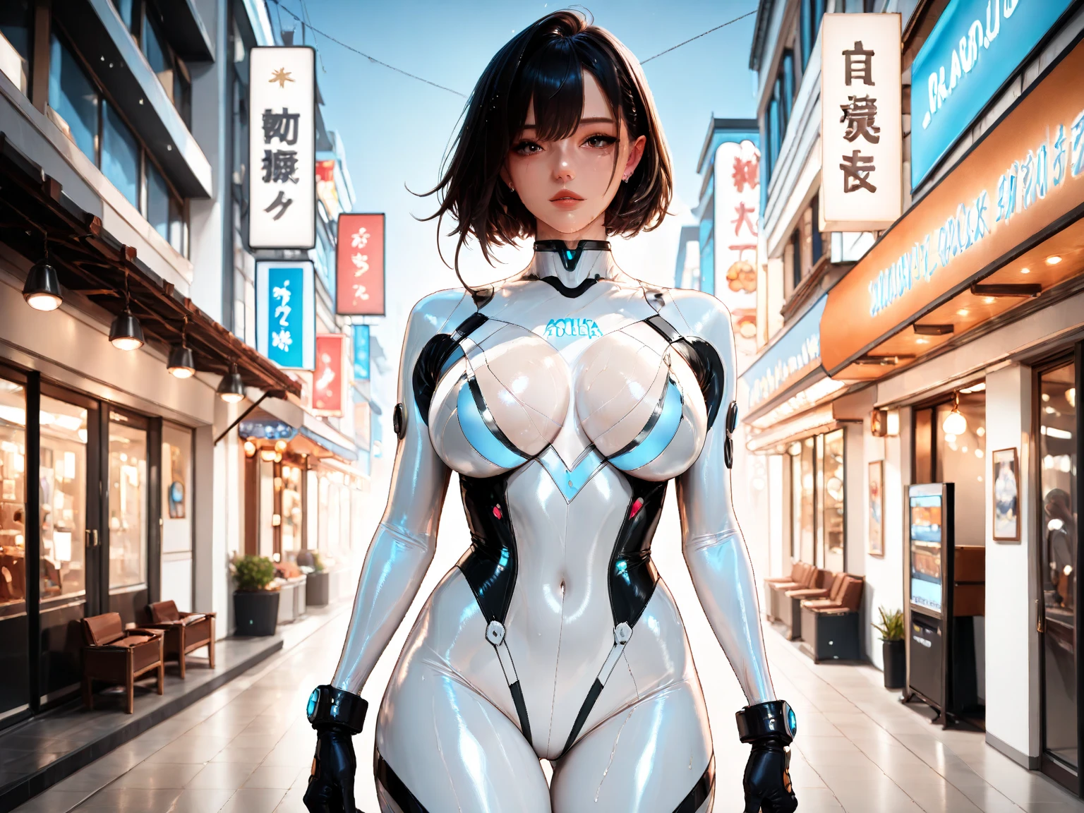(fisheye),from below, outdoors, realistic, looking at viewer,
(mature female),(large breasts:1.4), cleavage, muscular,bodysuit, wide hips,long hair, bangs,