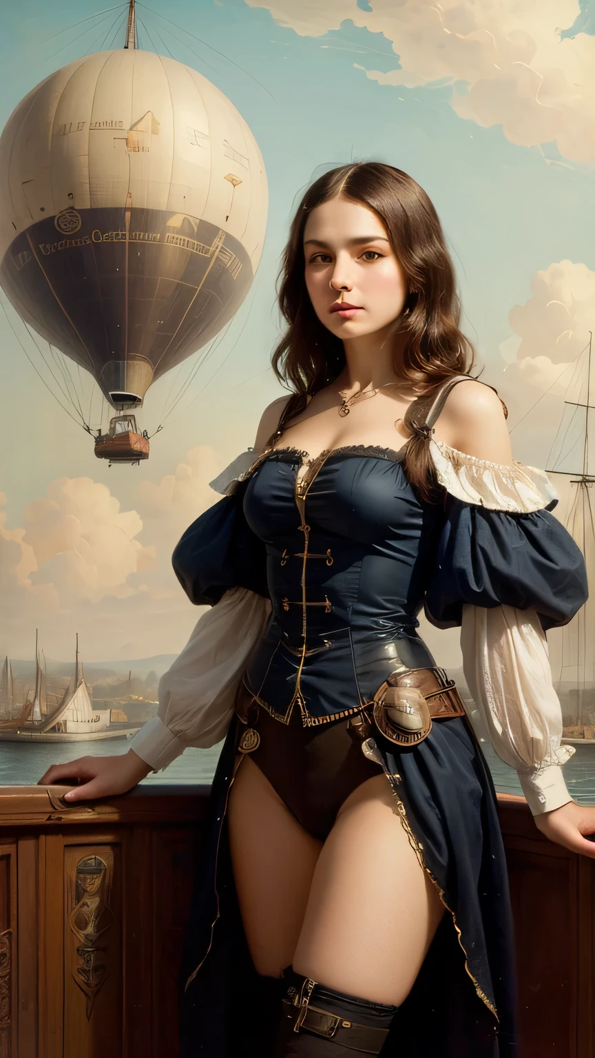 401 ((A 17-year-old woman )),(short hair),(Neat hair),(Ultra High Definition),(Airship Pilots),( Steampunk Airship ),(Leonardo da Vinci Style Paintings)