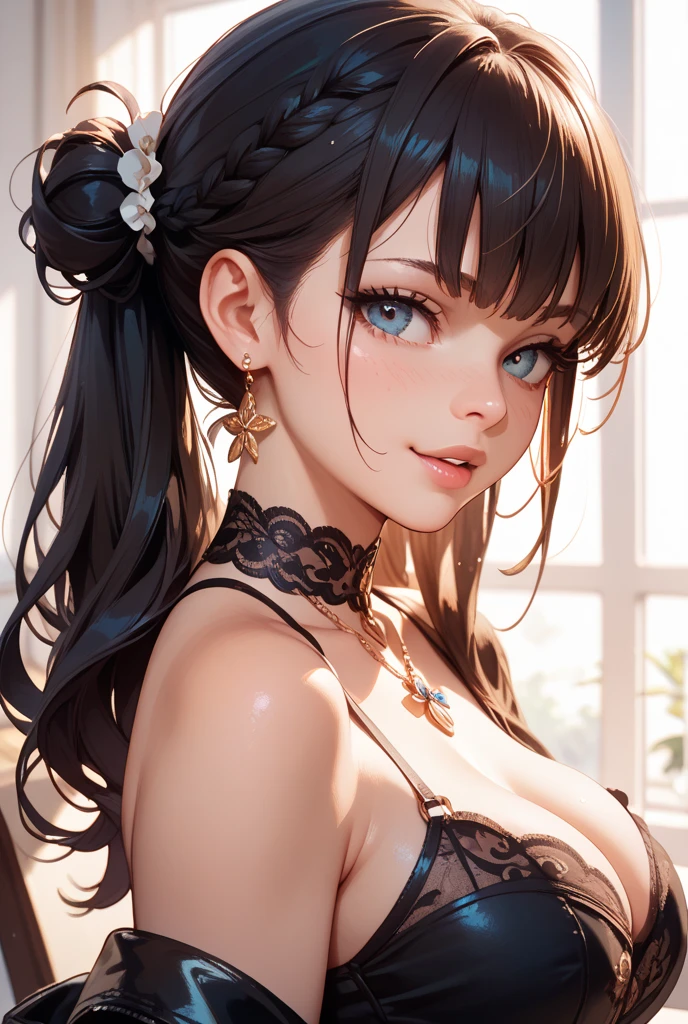 (1 front photo), beautiful face, Highly detailed face and skin texture, fine eyes, fine eyes, brown eyes, double eyelid, thin eyebrows, glitter eyeliner: 1.2, natural cheeks, shiny skin, white skin: 1.2, shiny necklace and earrings, (glossy lips: 1. 4), (enchanting smile), (20-year-old), (high ponytail, wavy hair, brown hair, diagonal bangs), medium long hair, ((upper body shot)), (Focus on the chest and face), medium to large breasts, perky chest, (at work)).