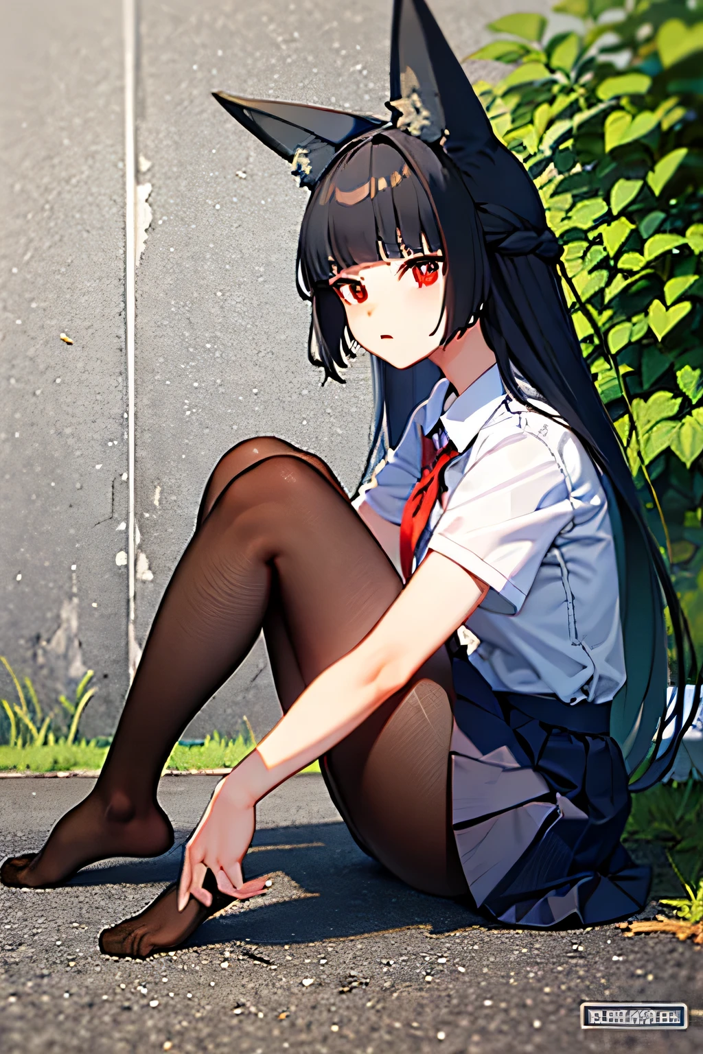 masterpiece, best quality, ultra-detailed, illustration, warm lighting, bright colors, 1girl,solo, long hair, very long hair, rosaria le friede,
black hair, blue eyes, black dress, black pantyhose,
school uniform, light smile, sitting, outdoors, t-shirt, casual wear,
<lora:Rosa:0.60>