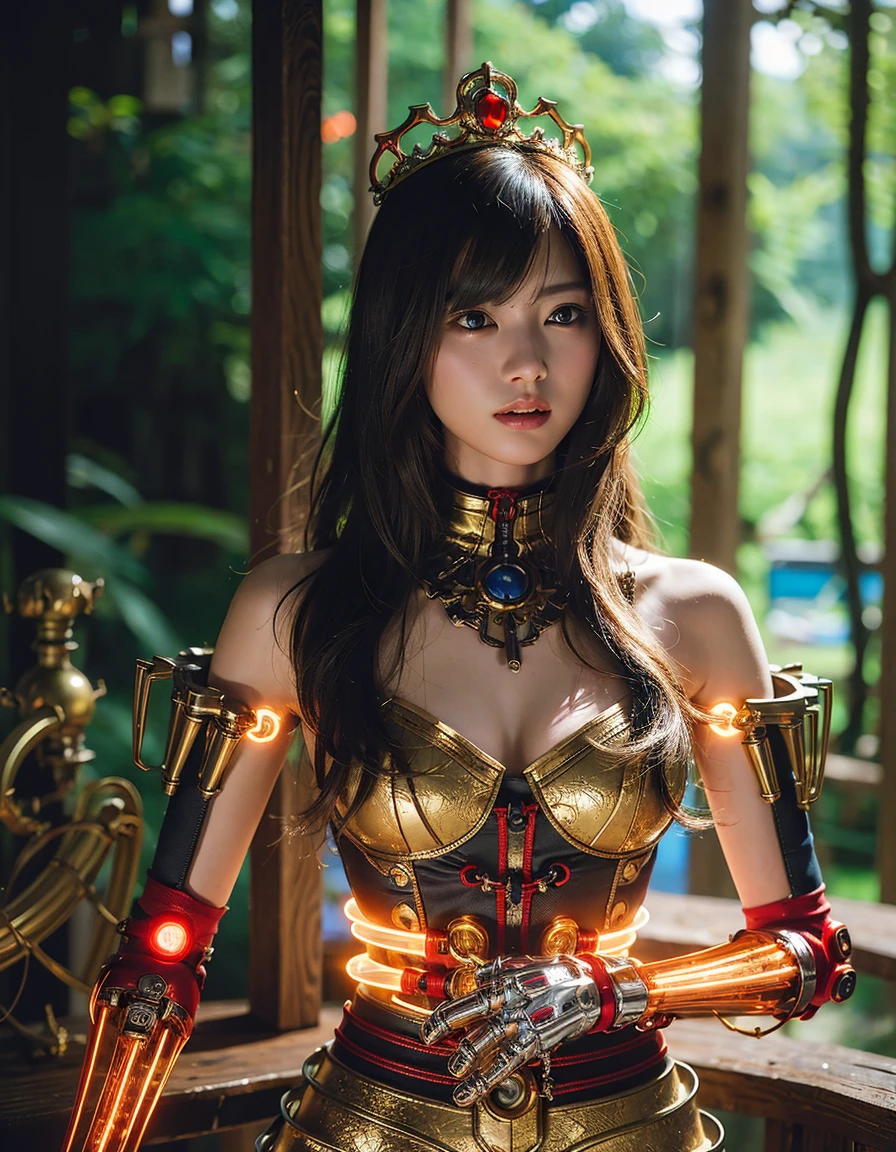 (1 Mechanical Girl)、top-quality、masterpiece、超A high resolution、(Wearing a crown made of jewels),(Photorealsitic:1.4)、Raw photo、女の子1人、Golden hair、glowy skin、(((1 Mechanical Girl)))、(White ghost flies)、(Fight big dragons)、With a beautiful knife、(Metal bodysuit)、(beautiful forest background)、Precipitous cliffs、(Small LED)、((super realistic details))、portlate、globalillumination、Shadow、octan render、(One-Eyed Scouter)、8K、ultrasharp、Colossal tits、Raw skin is exposed in cleavage、metals、Details of complex ornaments、Japan details、highly intricate detail、Realistic light、CGSoation Trends、Red Eyes、radiant eyes、Facing the camera、neon details、(Mechanical limbs)、(blood vessels connected to tubes)、Mechanical vertebrae attached to the back、mechanical cervical attaching to neck、(Wires and cables connecting to the head)、Gundam、Small LED、,Mechanical thighs、Toostock、(Hands are also made of machines)、(White beer)、