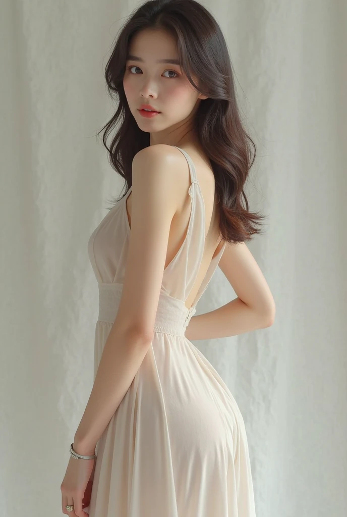 ((good quality)), girl, 18 years old, white sundress, black hair, blue eyes, looking at viewer