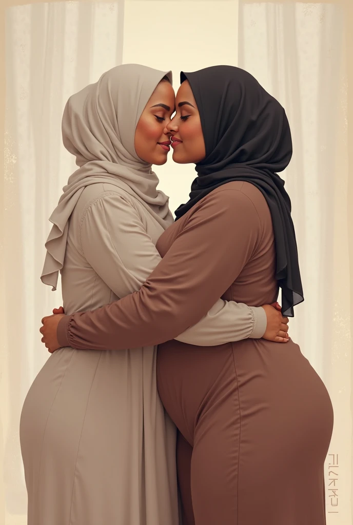RAW photo of 2 girl in hijab, sexy short blue employee shirt, undressing nude breasts, showing nipples, portrait in white pashmina hijab, she's Cashier employee. Standing, big, background busy supermarket. 8k uhd, dslr, soft lighting, high quality, Leica camera, big breasts: 1.5, sexy lips, sexy pose, big bob, naughty