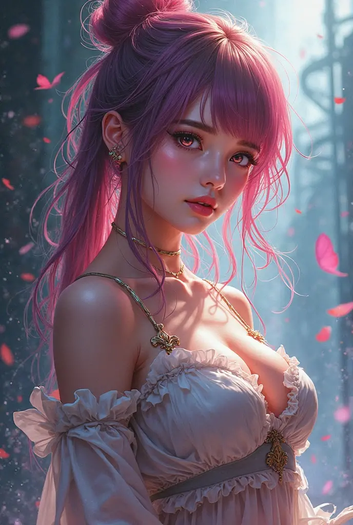 highly detailed, seductive erotic female is sweating,  covered in rose pedals, (busty, pink/blue hair), centered on the face, face focused, intricate eyes,