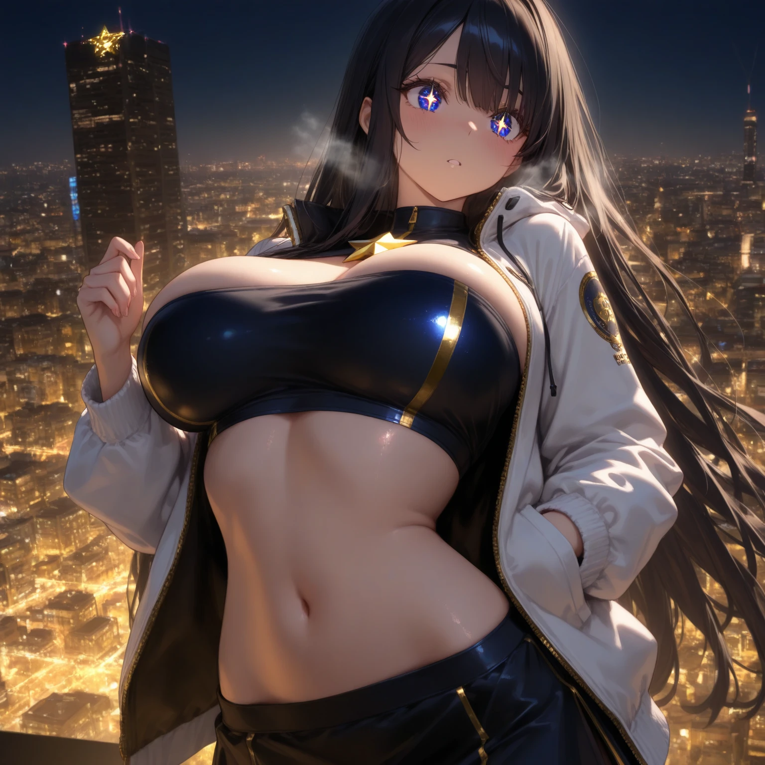 black hair, yellow eyes, very long hair, big hair, tall female, fox ears, black shorts, night sky, city, huge breasts!!, multiple girls, black bandeau, older,