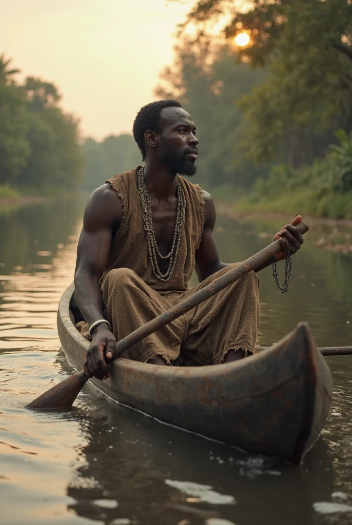 Create realistic image of the land of Shumba, where the majestic mountains kissed the sky and the rivers flowed like lifeblood. Showing a man of 30 years Kofi, a warrior sharpening his spear in a stone in front of his hut. 