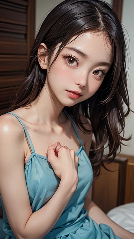 ASİAN, kimono with neckline, bra, Selfie, realisitic, baby face, 14歳, laço no bra